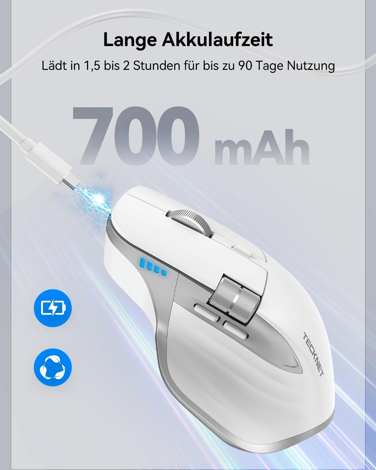 Thumbnail 3 de TECKNET kabellose Bluetooth-Maus (BT 5.3/5.0 + 2,4G) mit 7 Tasten, 4.800 DPI, USB-C – weiß
