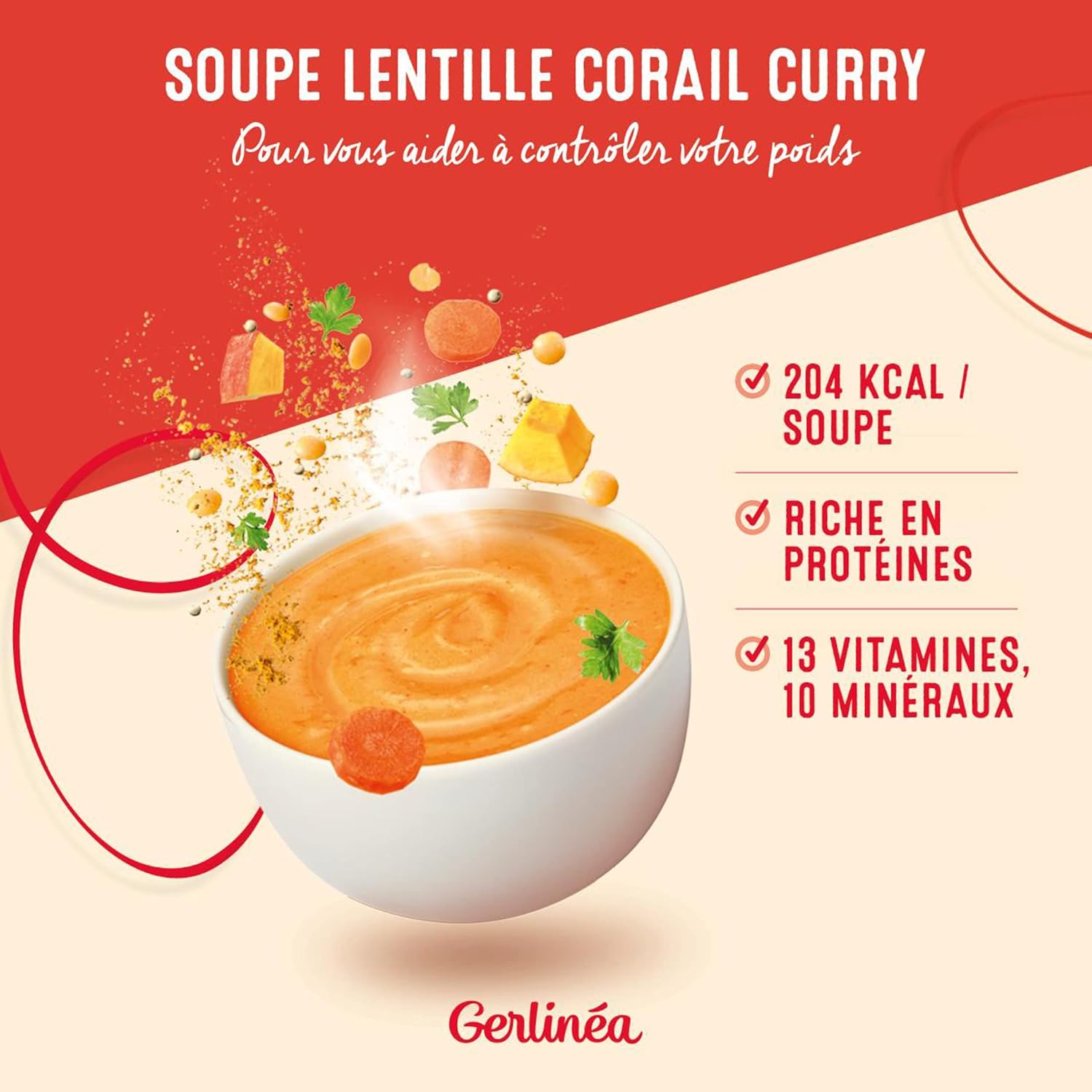 Detalle de GERLINÉA Soupe Lentilles Corail Curry – Substitut de Repas Minceur, 8 Repas, 424 g