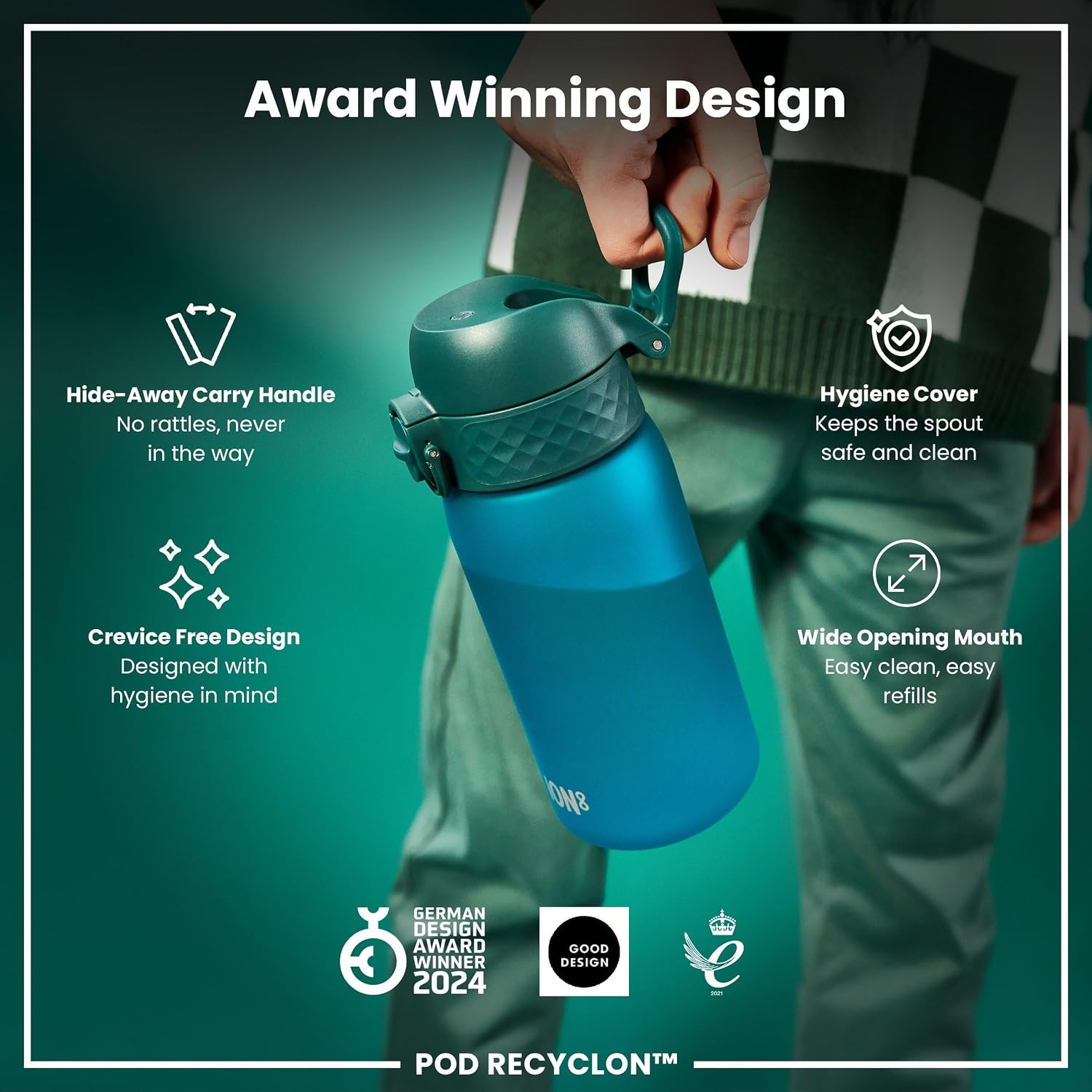 Detalle 2 de Ion8 Kids Water Bottle 350 ml – Leak Proof, Easy Open Flip Lid & Carbon Neutral
