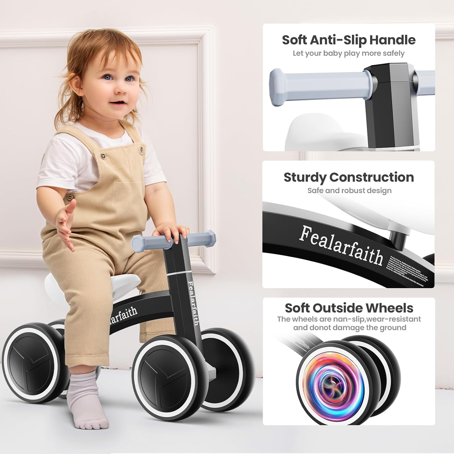 Thumbnail 5 de Baby Balance Bike for 1 Year Olds (10-36 Months) with 4 LED Lighting Wheels, Enclosed Wheels & Steering Limit (Black)