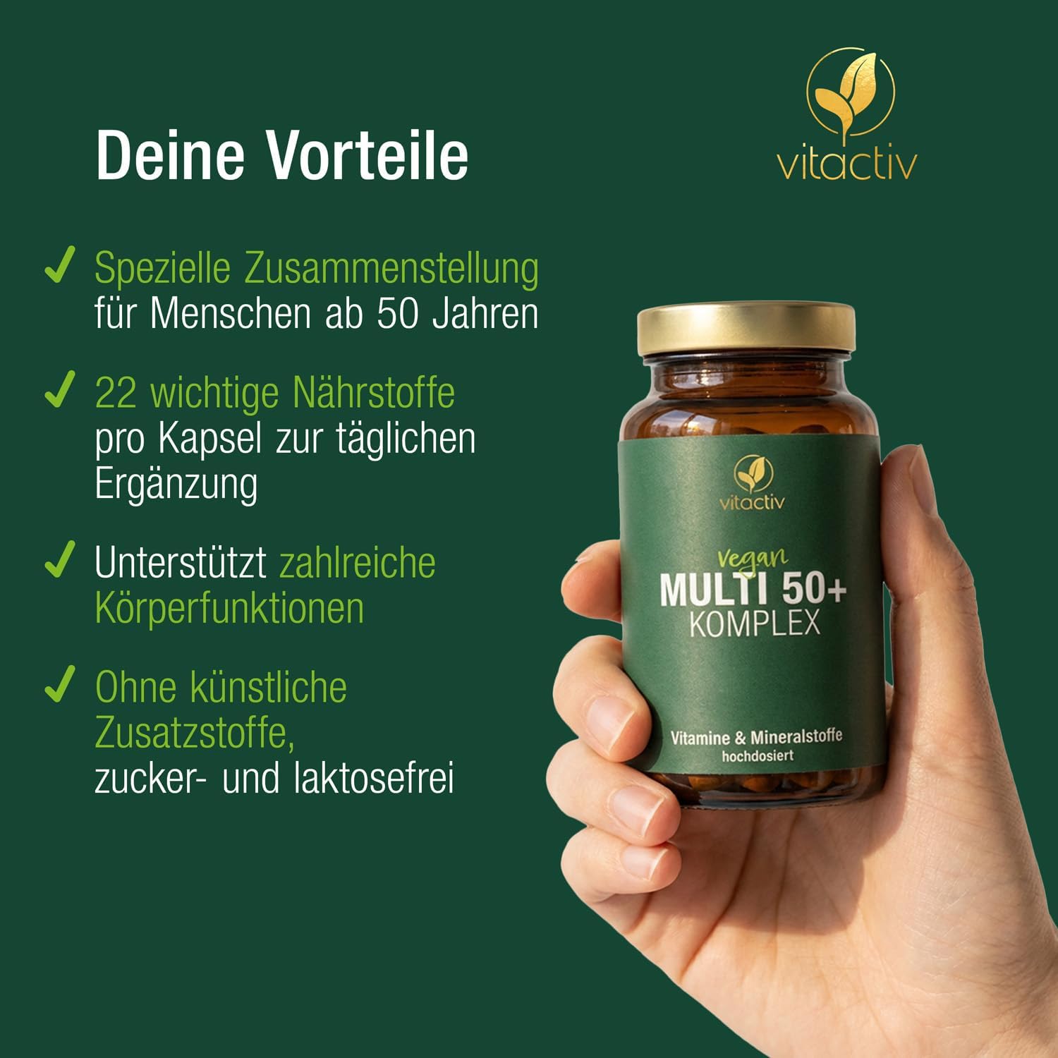 Thumbnail 4 de Vitactiv MULTI 50 plus – Multivitamin-Komplex für Menschen ab 50 mit B-, C-, D-, E-, K-Vitaminen, Magnesium, Calcium & Zink (60 Kapseln)