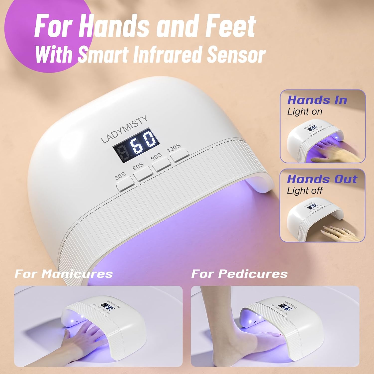 Detalle de LadyMisty UV Lampe Für Gelnägel – 2026 Upgrade, 30 Doppellichtperlen, 4 Timer, LCD-Display, Mattweiß