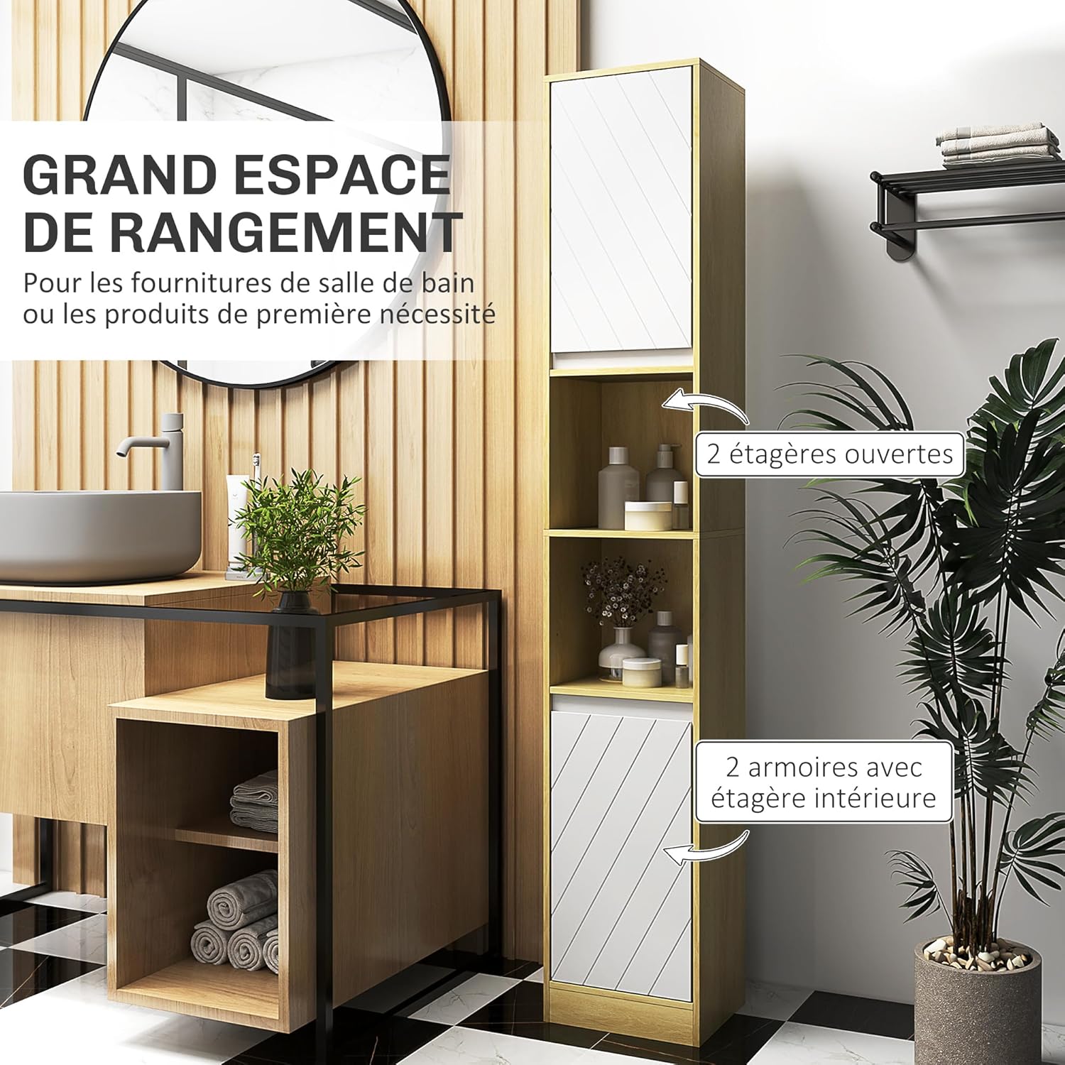 Detalle 2 de HOMCOM Meuble Colonne Salle de Bain à 6 Niveaux – rangement étroit 30 × 24 × 170 cm en chêne et blanc