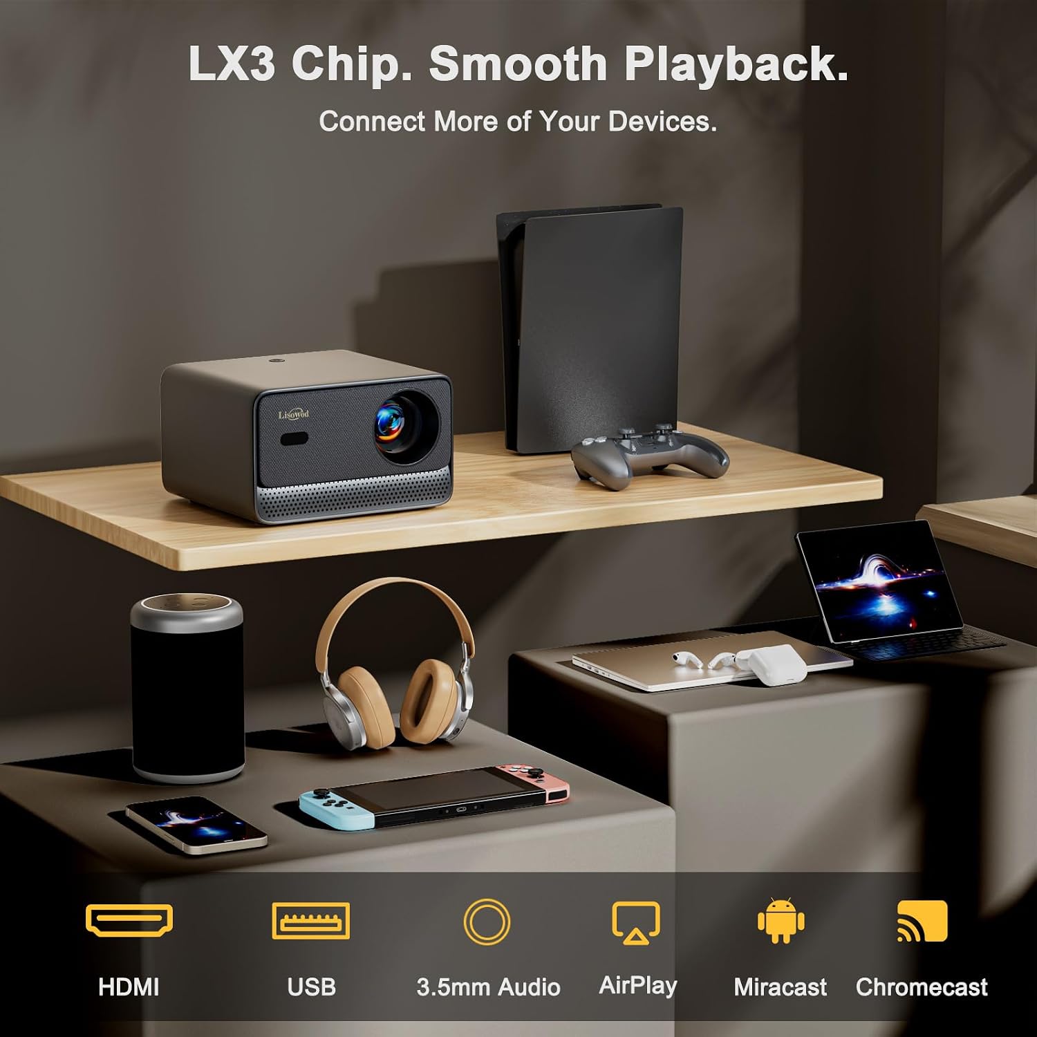 Detalle de Lisowod L03Pro Smart Projector, Native 1080p, 4K Input, 40W Dolby Audio
