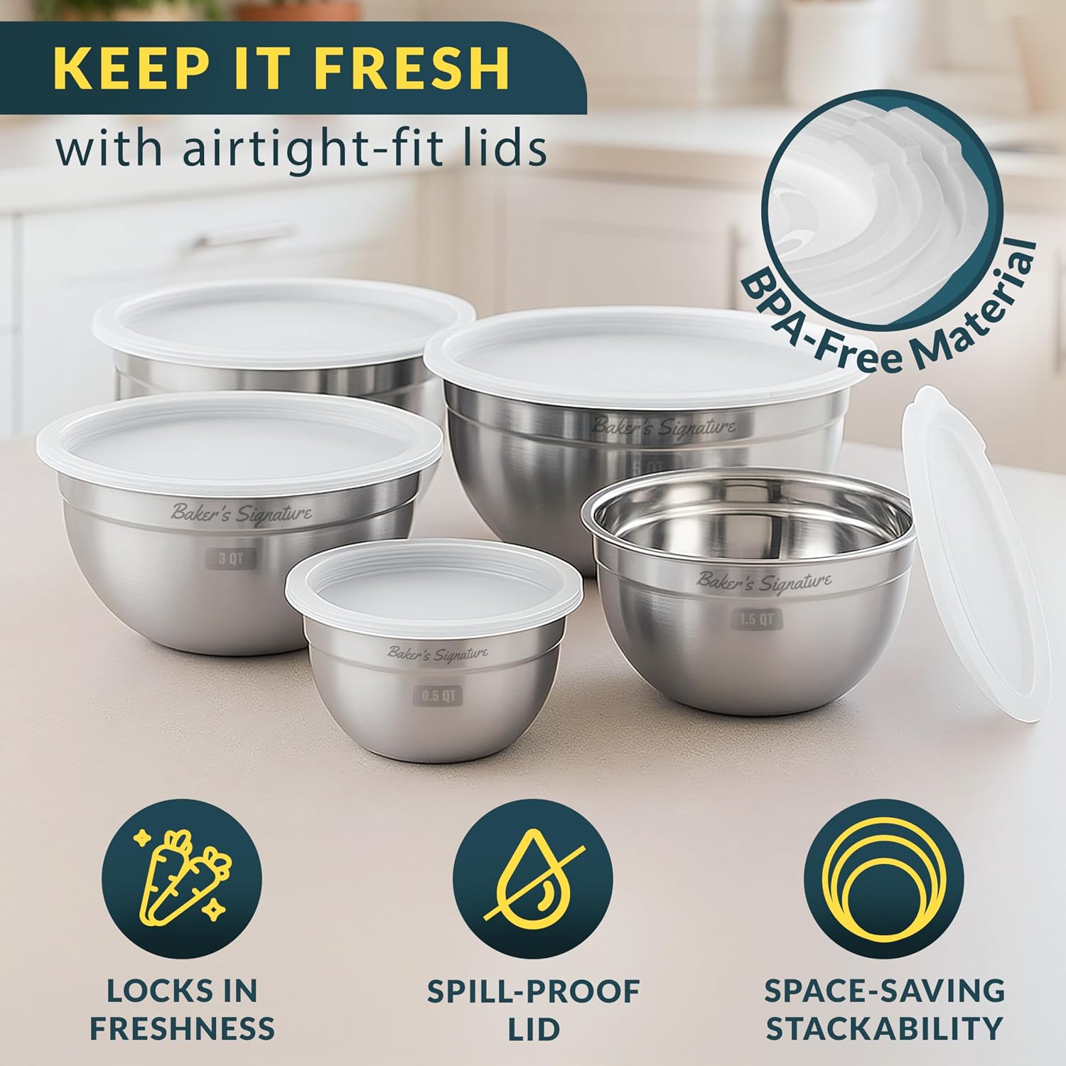 Detalle 2 de Baker's Signature Stainless Steel Mixing Bowls with Lids — Nesting Set of 5 (0.5–5 Qt)