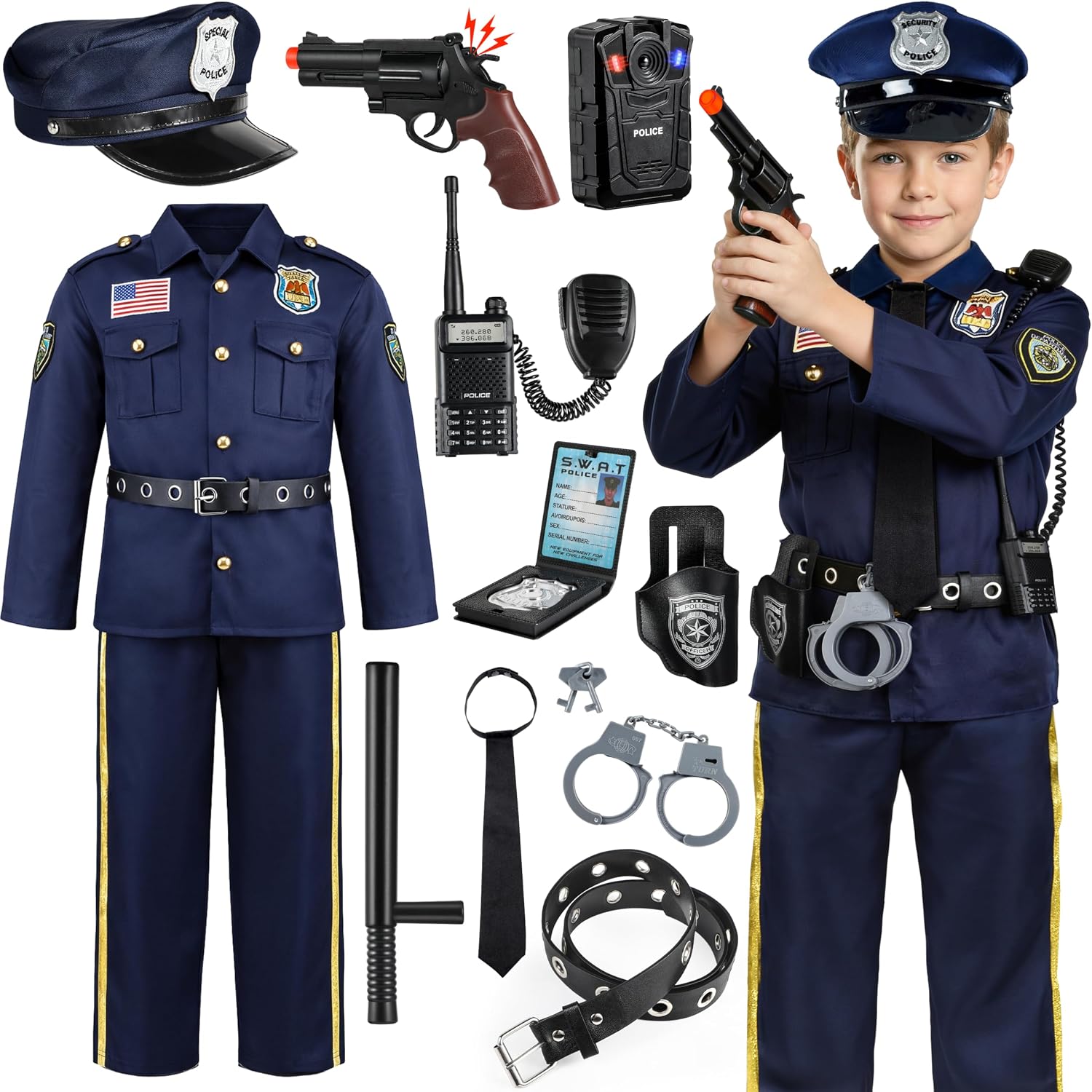 Detalle de Joycover Kids Police Officer Costume, Size S (4-5Y), Navy Blue with Accessories