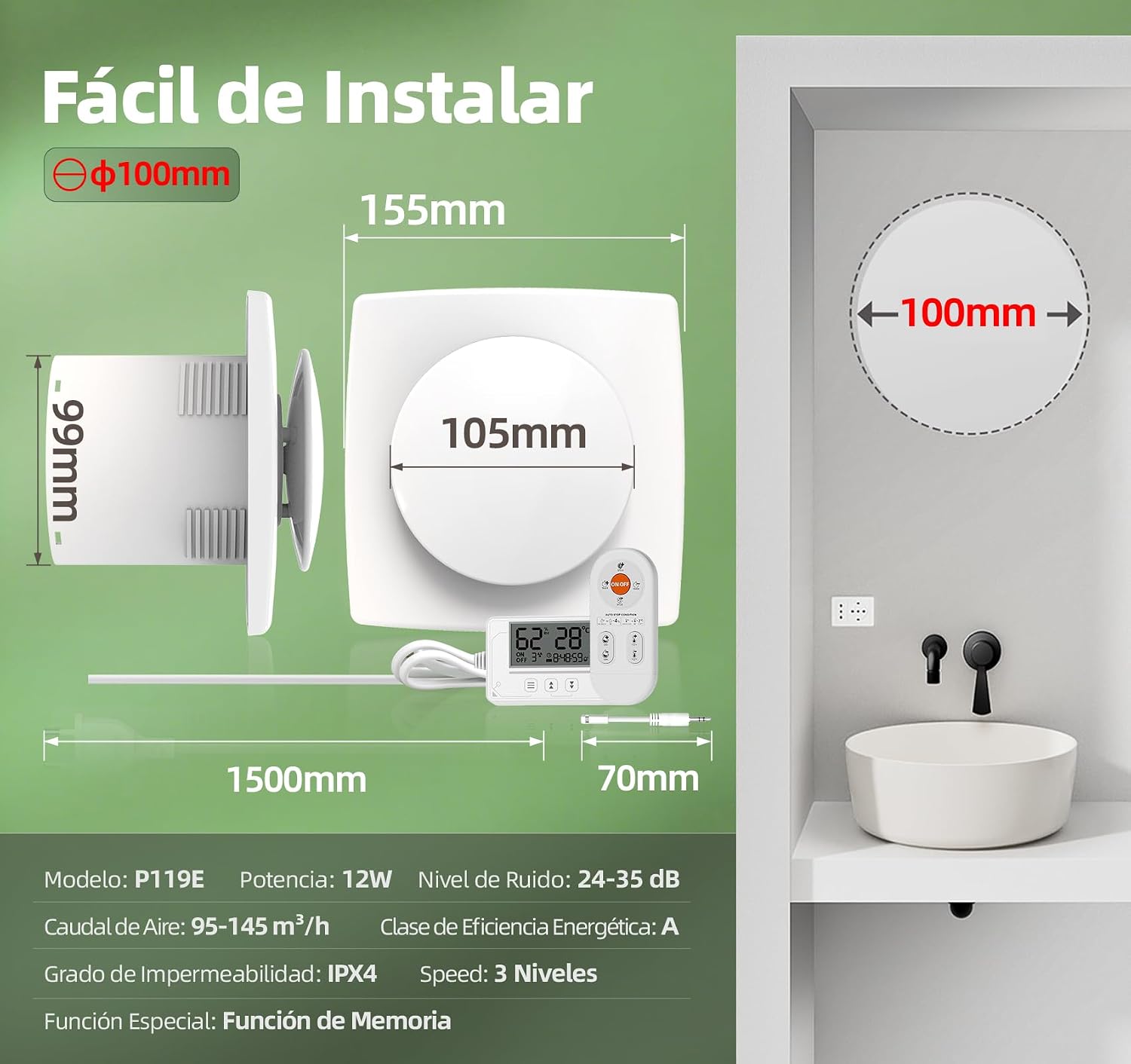 Thumbnail 6 de BUMSOU QU119 Extractor de baño 100 mm