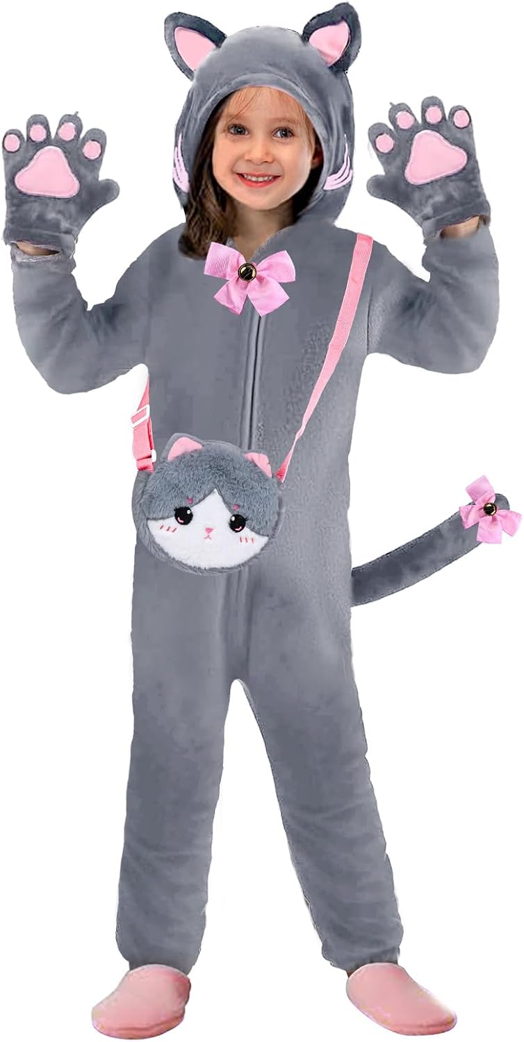 Detalle de Gifts2U Halloween Cat Costume for Girls, 5–6 Years, Flannel Onesie & Bag