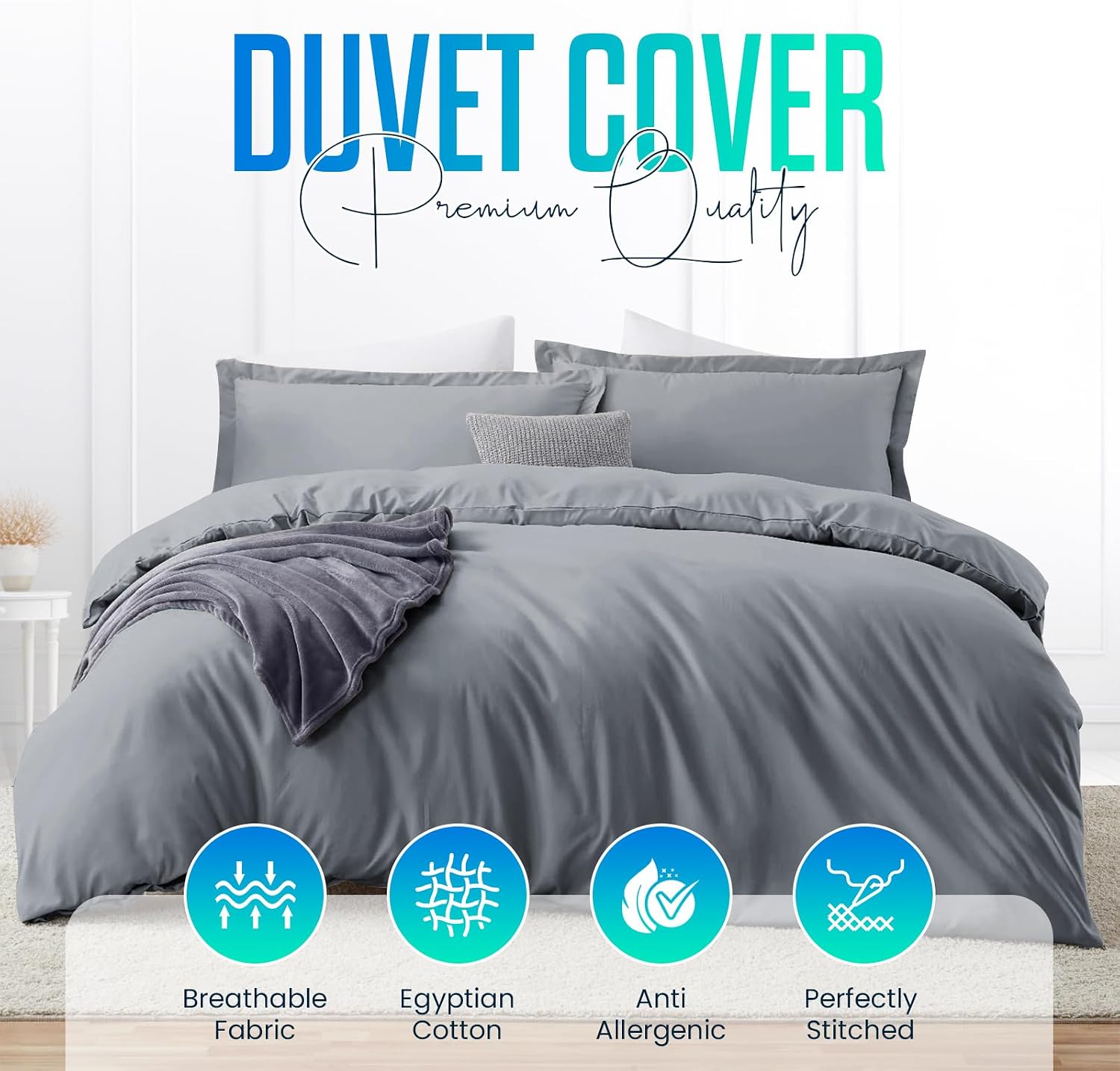 Thumbnail 1 de Linens World 200 Thread Count Egyptian Cotton Duvet Cover Set (Grey, Single) – Practical Comfort with Easy Maintenance