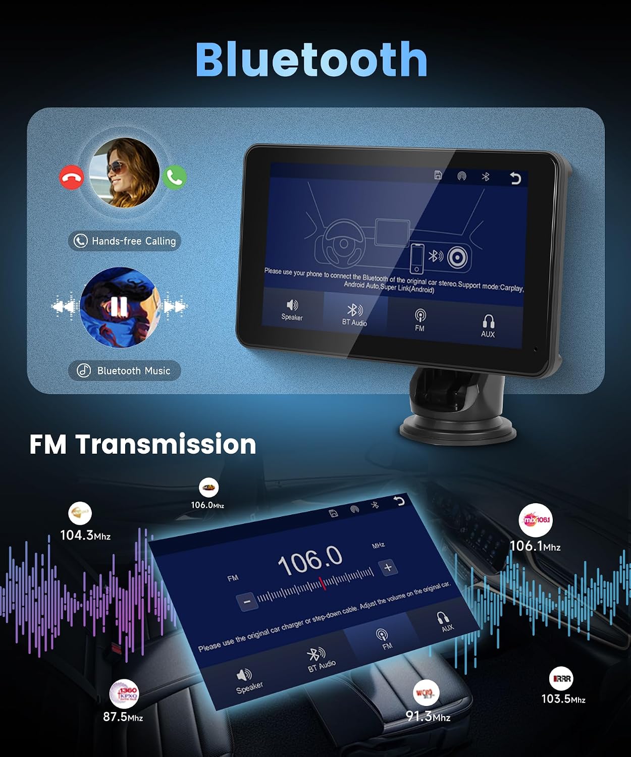 Detalle de Rimoody 7 Inch Portable Car Stereo with Wireless CarPlay, Android Auto and Backup Camera
