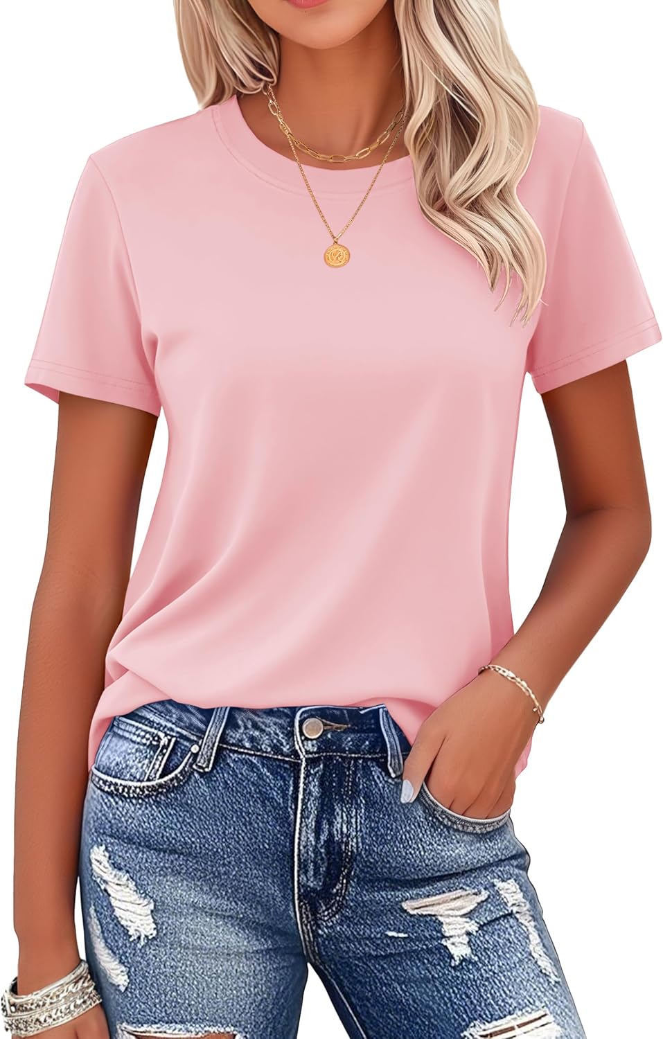 Detalle de MAGCOMSEN Women’s Cotton T-Shirts Crew-Neck Short-Sleeve Classic-Fit