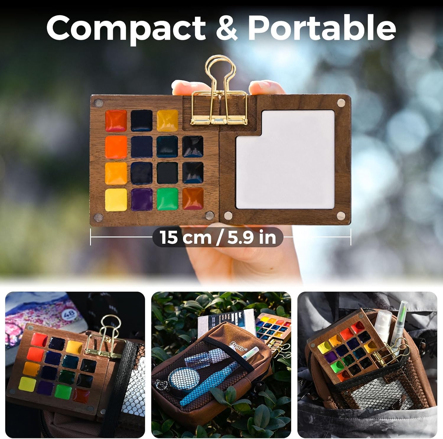Thumbnail 4 de Funto Mini Watercolor Paint Set (15-Color) Walnut Wood Pocket Travel Kit with Crossbody Bag