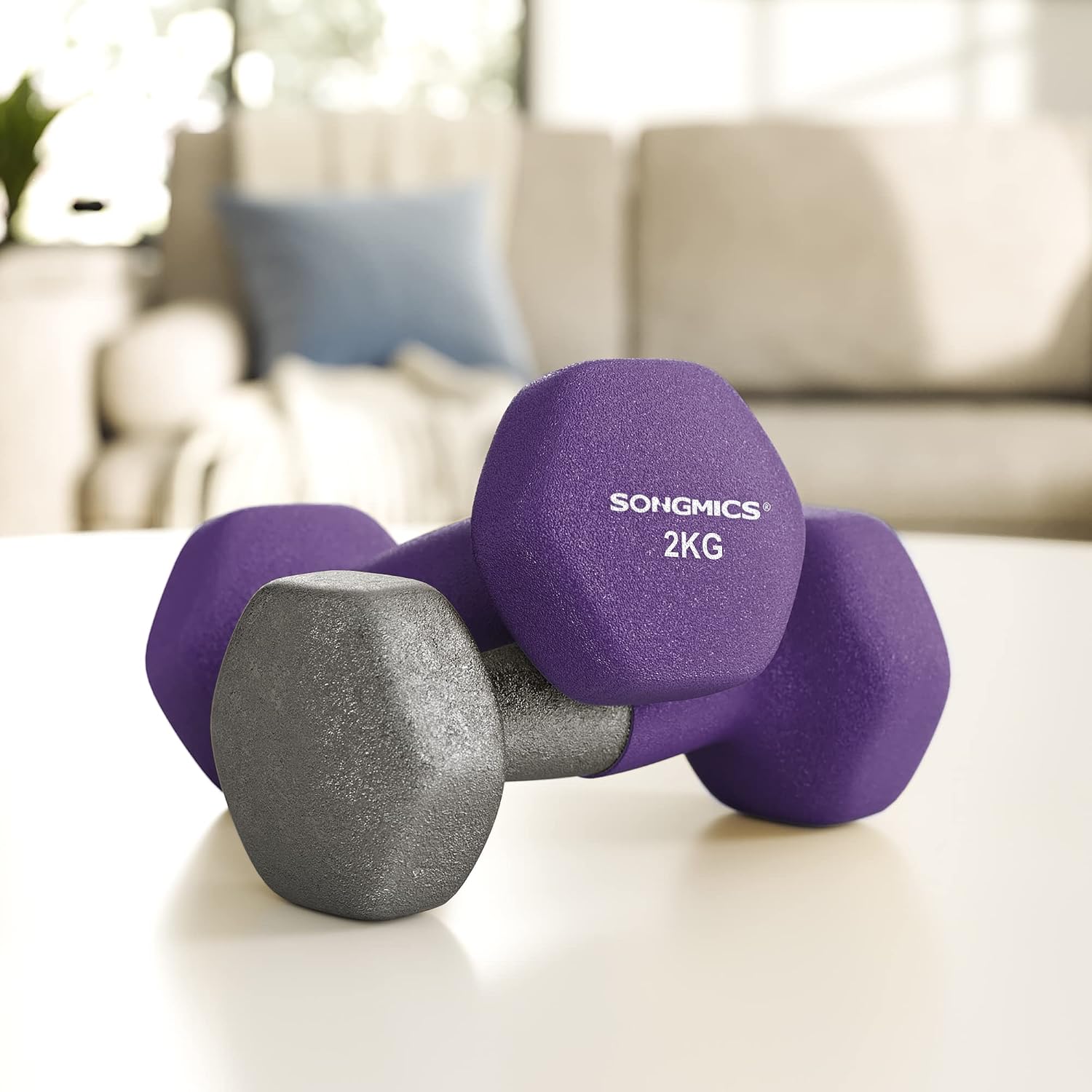 Detalle 2 de SONGMICS HE05 halterset 2 x 2 kg, paars, zeshoekig en antislip