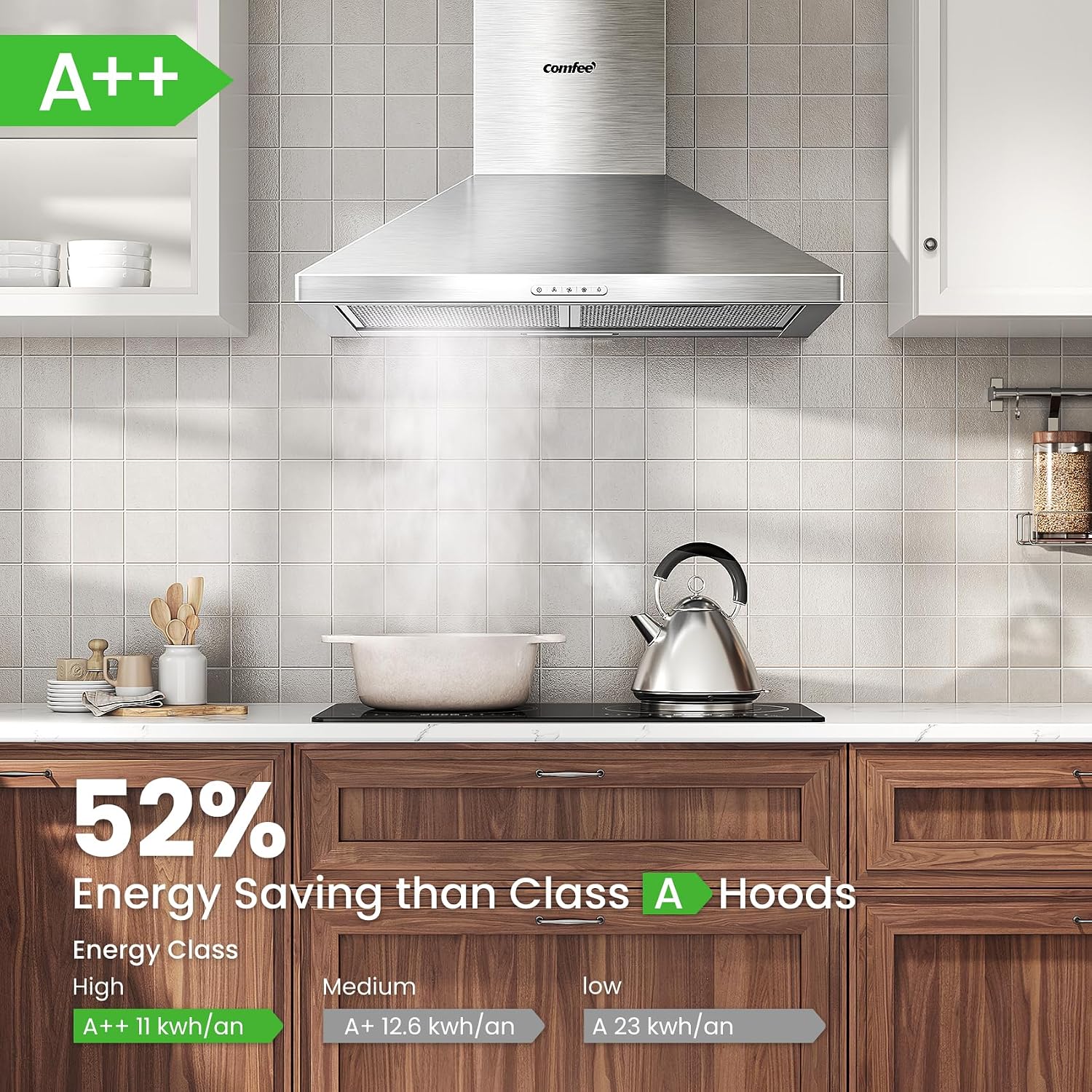 Detalle 2 de COMFEE' 60cm Chimney Cooker Hood (A++), 400 m³/h, Dual Extraction Modes