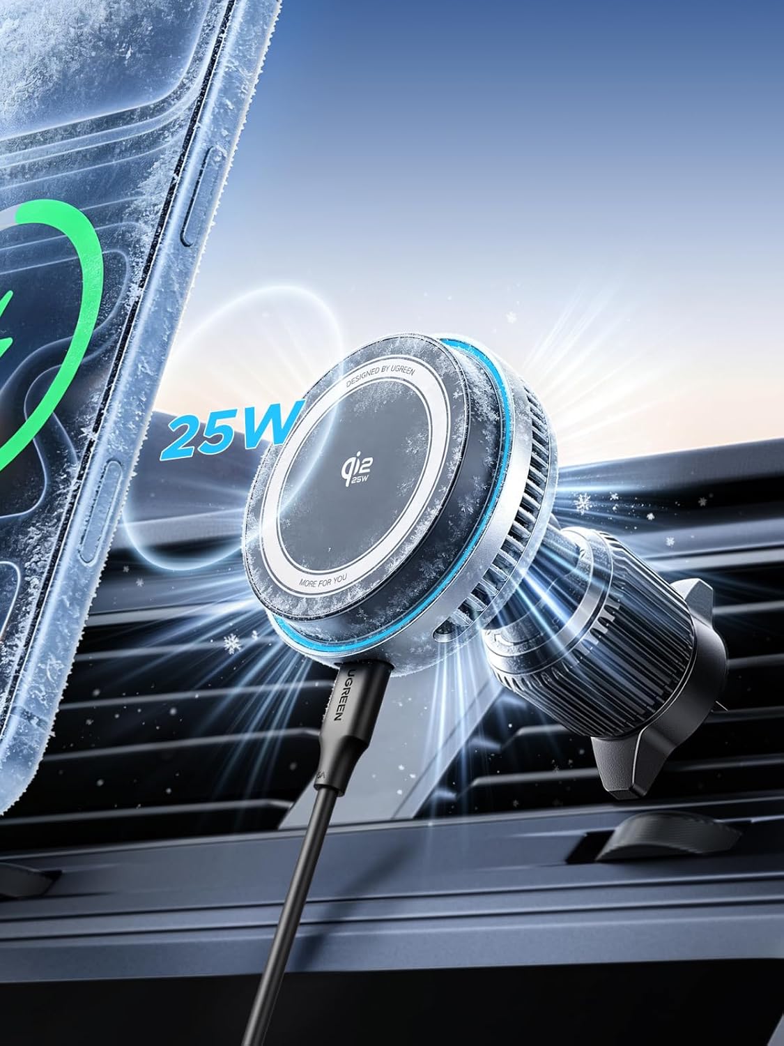 Thumbnail 1 de UGREEN MagFlow Pro 25W Wireless Car Mount Charger with Silent Cooling — Qi2.2 MagSafe Compatible (TEC) for iPhone