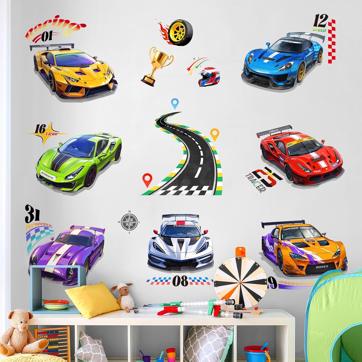 Thumbnail 3 de Tanlaby Wandtattoo Auto 7 Rennwagen – Rennstrecke als Wandaufkleber für Kinderzimmer