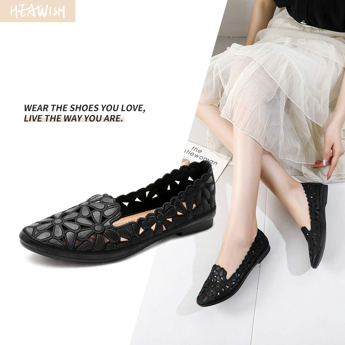 Detalle de HEAWISH Women’s Floral Ballet Flats (Black/Beige) — Slip-On Round-Toe Dress Shoes