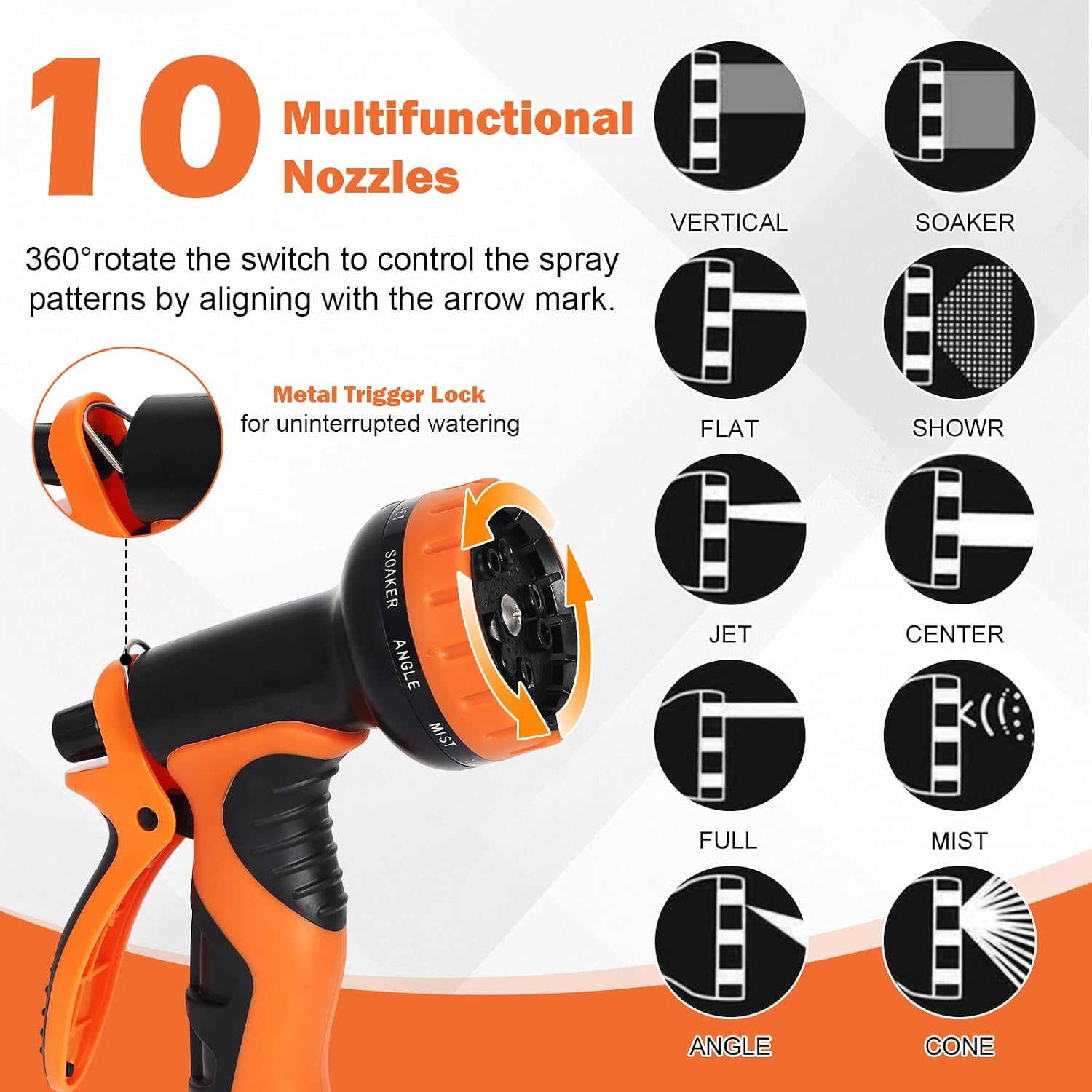 Detalle de Flexible Garden Hose with Latex-Expander (100FT/30M) – 3/4" and 1/2" Metal Fittings, 10-Function Sprayer