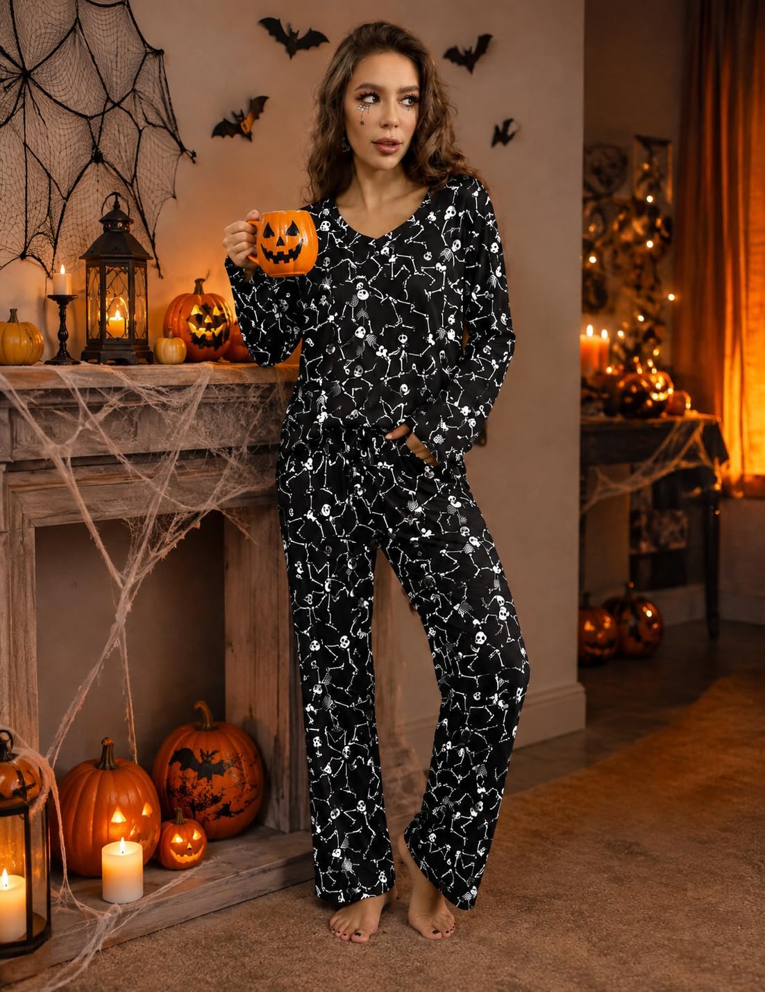 Detalle 2 de Ekouaer Women's 2-Pack Long-Sleeve Pajama Sets with V-Neck Tops and Pocket Pants