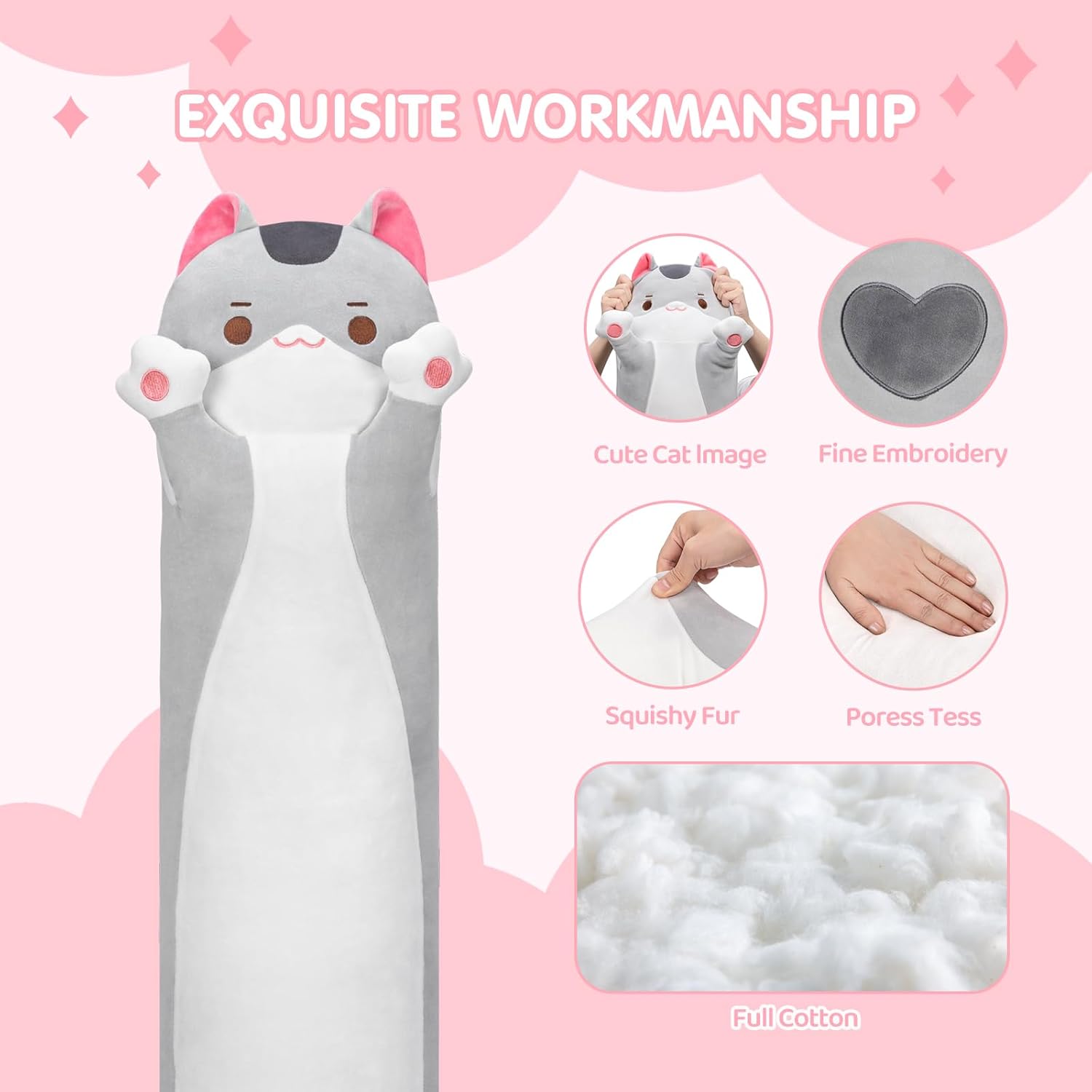 Detalle de Mewaii Kawaii Peluche Coussin Long 50 cm — Oreiller doux pour enfant, compagnon câlin et coussin de sommeil