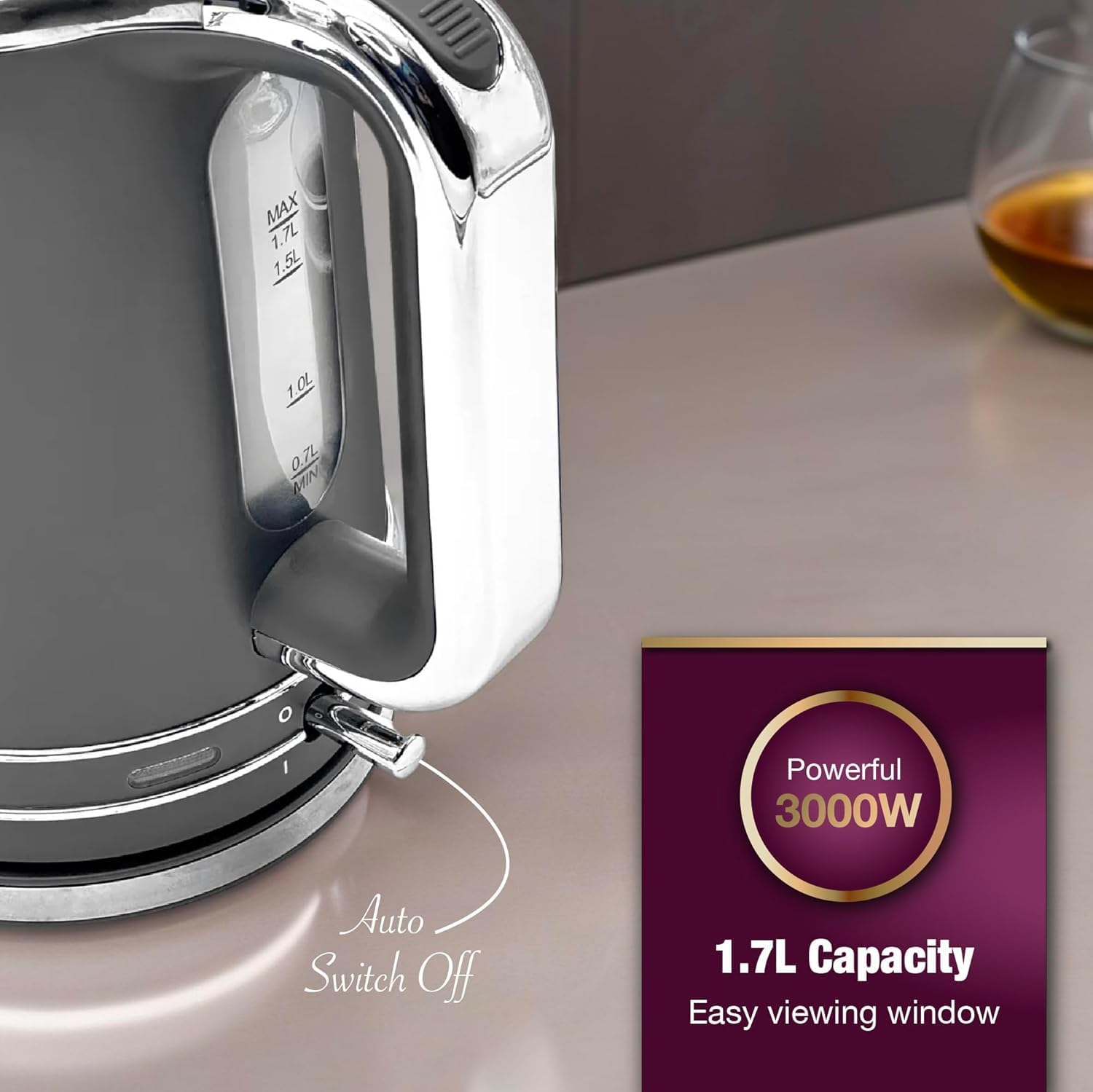 Thumbnail 2 de Andrew James Lumiglo Fast Boil Electric Kettle (Grey) 1.7L, 3000W cordless quiet boil