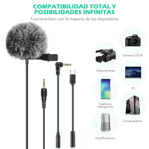 Detalle 2 de AGPTEK Z02C micrófono de solapa con parabrisas, cable de 2 m y 3 adaptadores