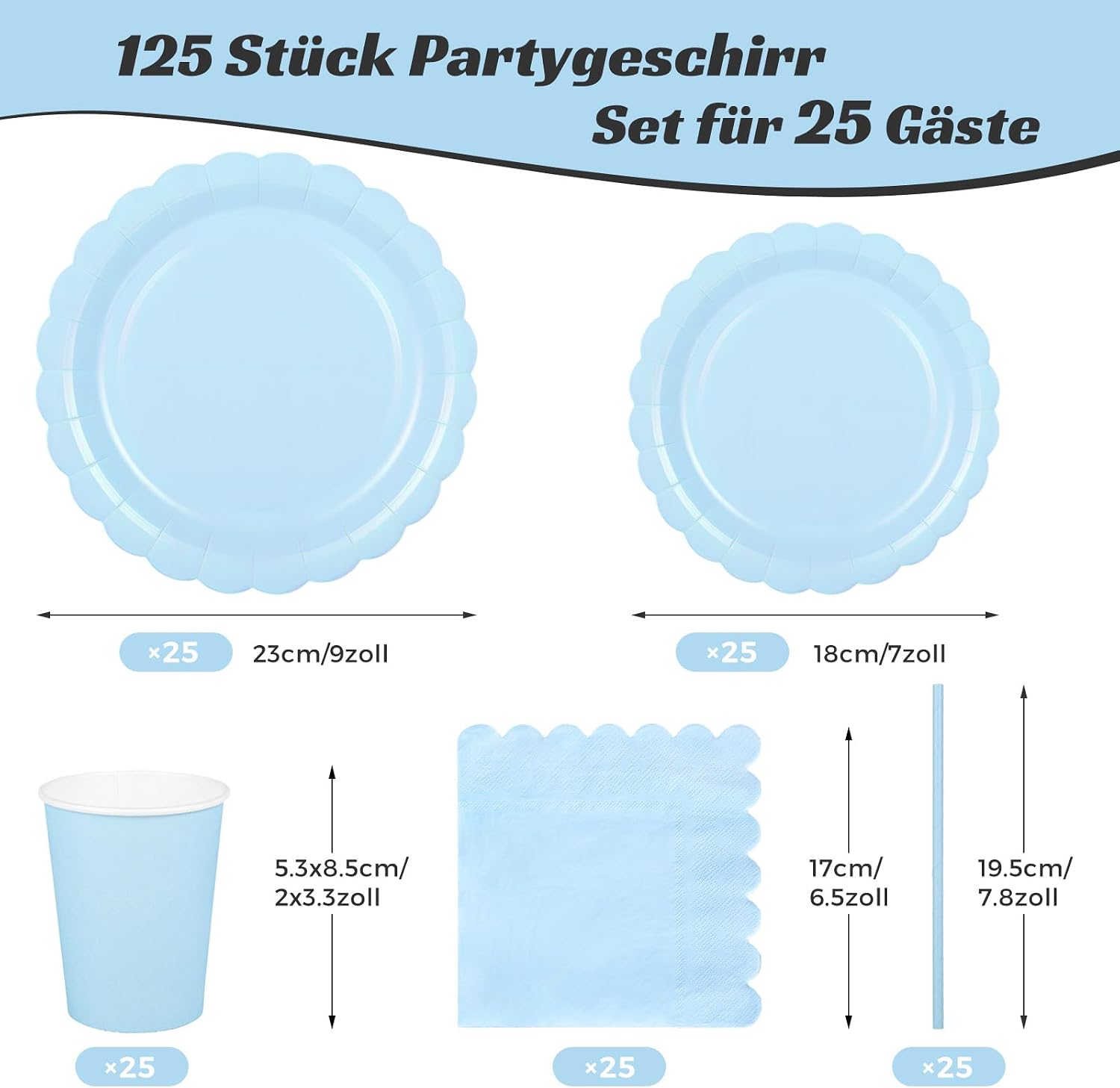 Thumbnail 1 de NatNarr 125-teiliges Partygeschirr-Set Hellblau für 25 Gäste (Teller, Becher, Servietten & Papierstrohhalme)