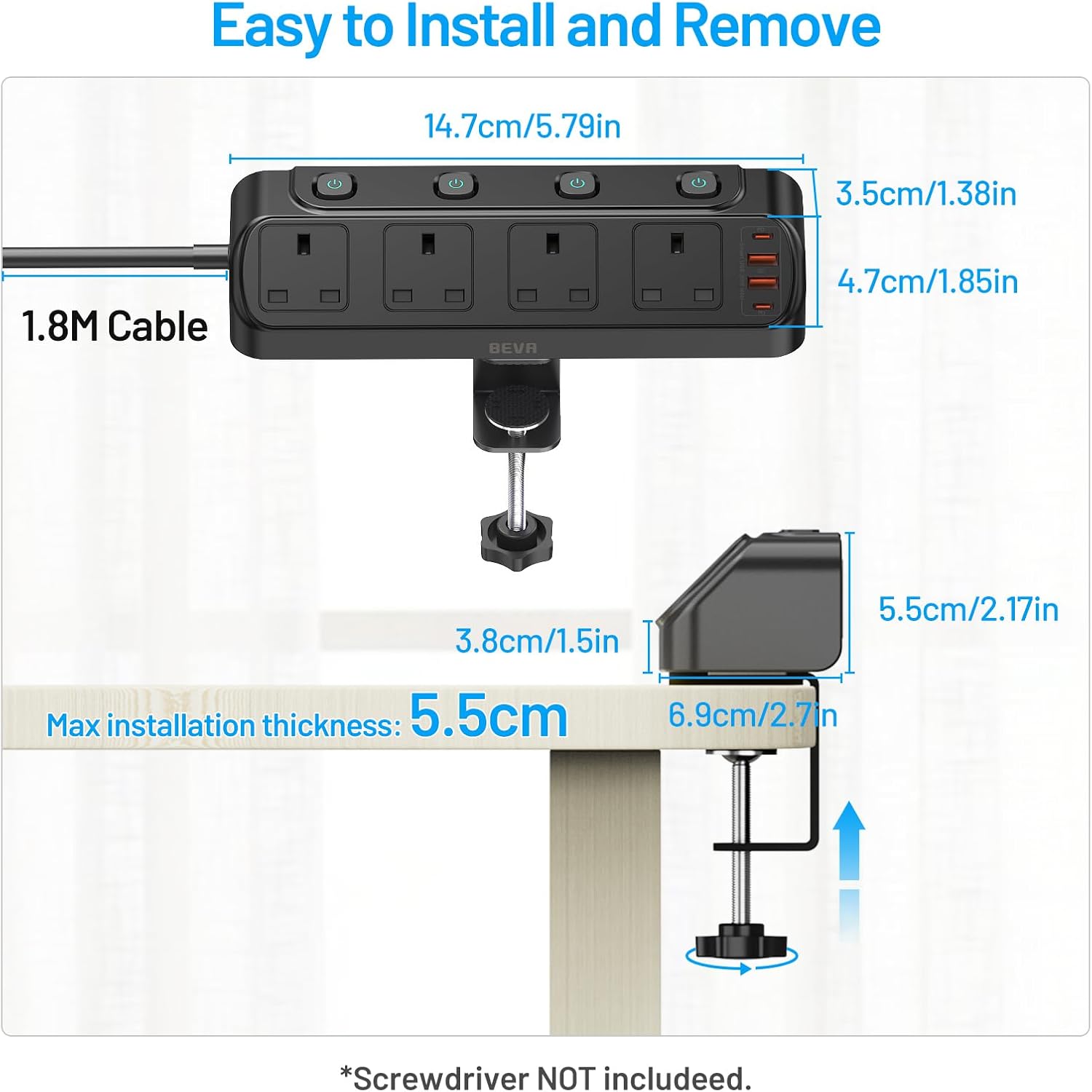 Thumbnail 6 de BEVA Desk Extension Lead 1.8m: 4-way switched extension socket with PD20W USB charging