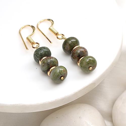 Detalle de GEMPires Natural Gemstone Rondelle Bead Earrings for Women, Unakite – 8mm Lightweight Handmade Drops