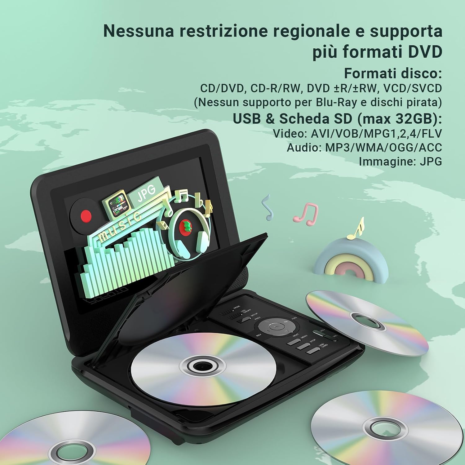 Detalle de Lettore DVD Portatile POFOTO 9,5'' con Schermo HD Ruotabile 270° – 4–6 Ore di Autonomia, Lettore Multiformato