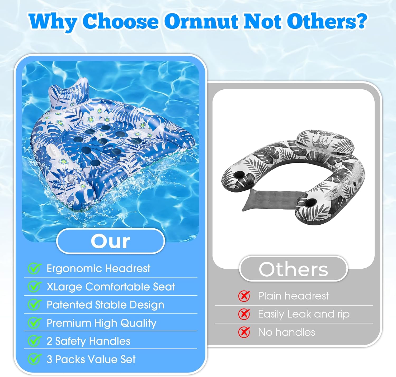 Thumbnail 3 de Ornnut XL/L Pool Float Chairs (3-Pack or 4-Pack) with Cupholders, Handles & 9 Vents