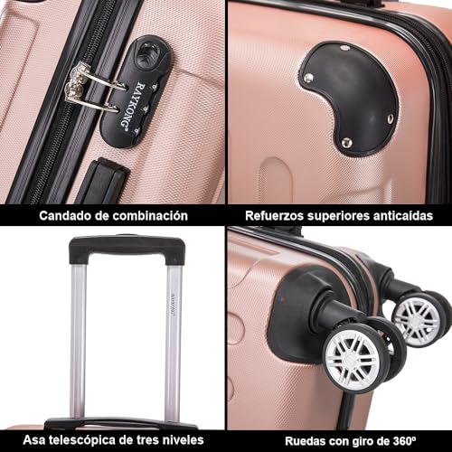 Detalle de RAYKONG Maleta de cabina ABS 55x40x20 cm (40 L) Rosa Dorada, 4 ruedas dobles y cerradura numérica