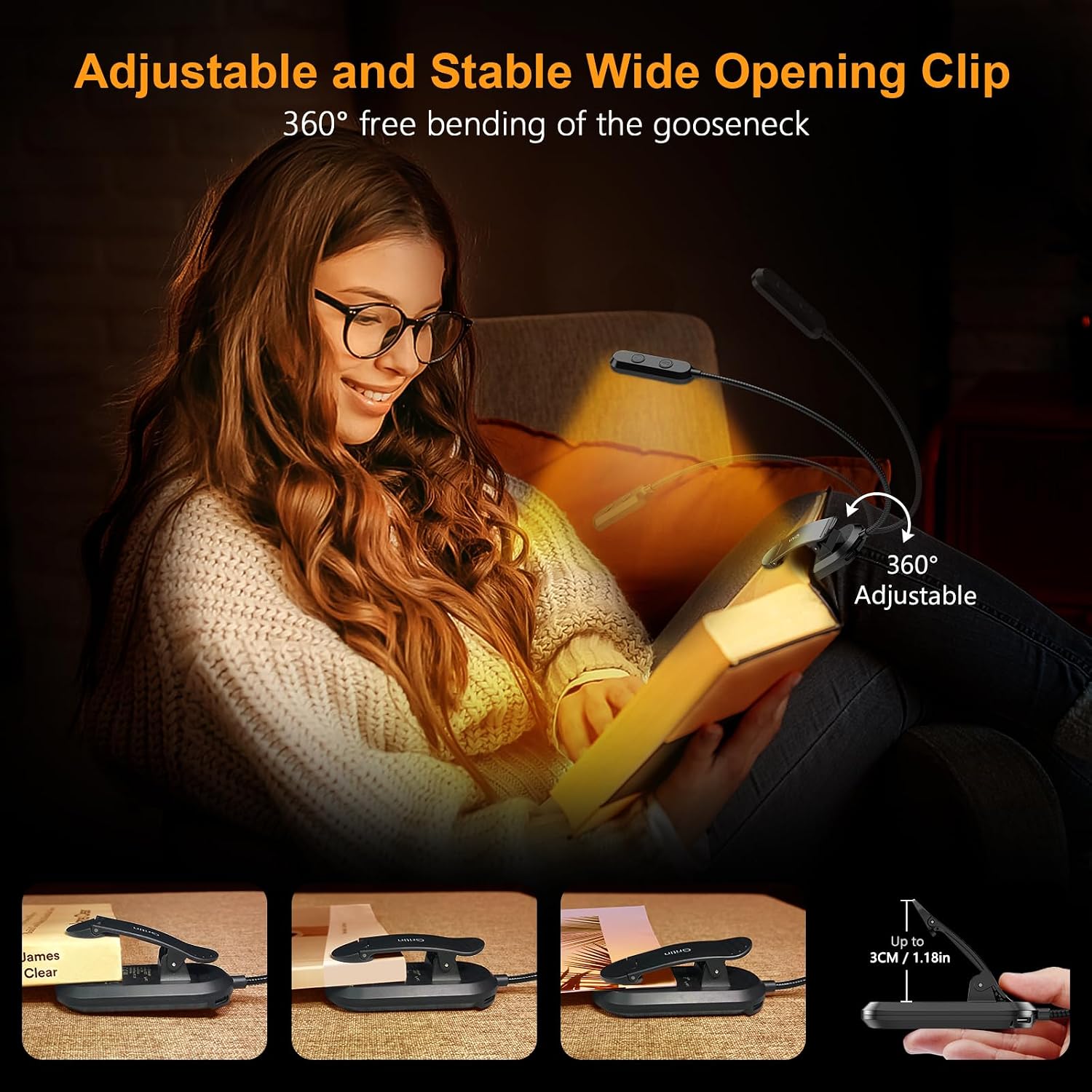 Detalle 1 de Gritin leeslamp met clip, 11 leds, USB-C en 3 kleurtemperaturen