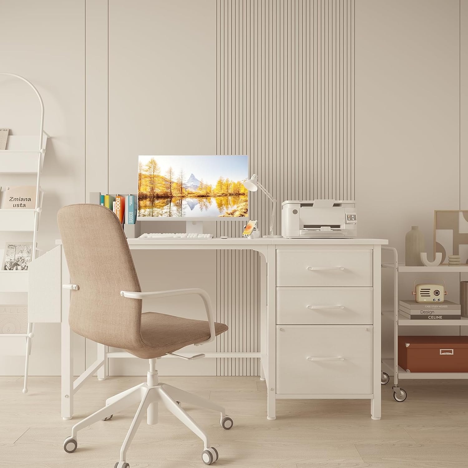 Thumbnail 1 de Lufeiya Schreibtisch mit 3 Schubladen – Weiß, 118 x 50 x 75 cm, stabiles Computertisch-Design mit Stauraum