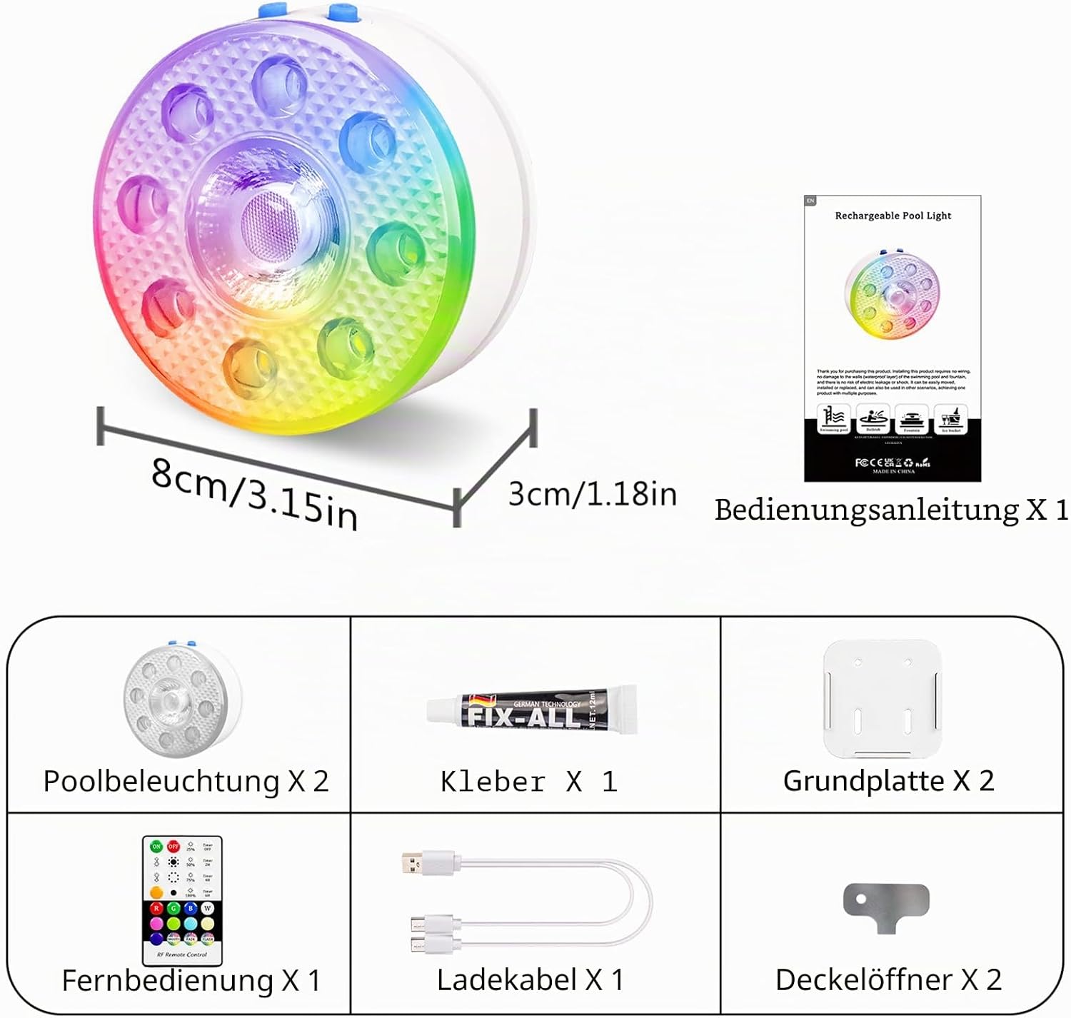 Thumbnail 6 de idyl light Unterwasser-Poolbeleuchtung, wiederaufladbar mit Fernbedienung (2 Stück, IP68)