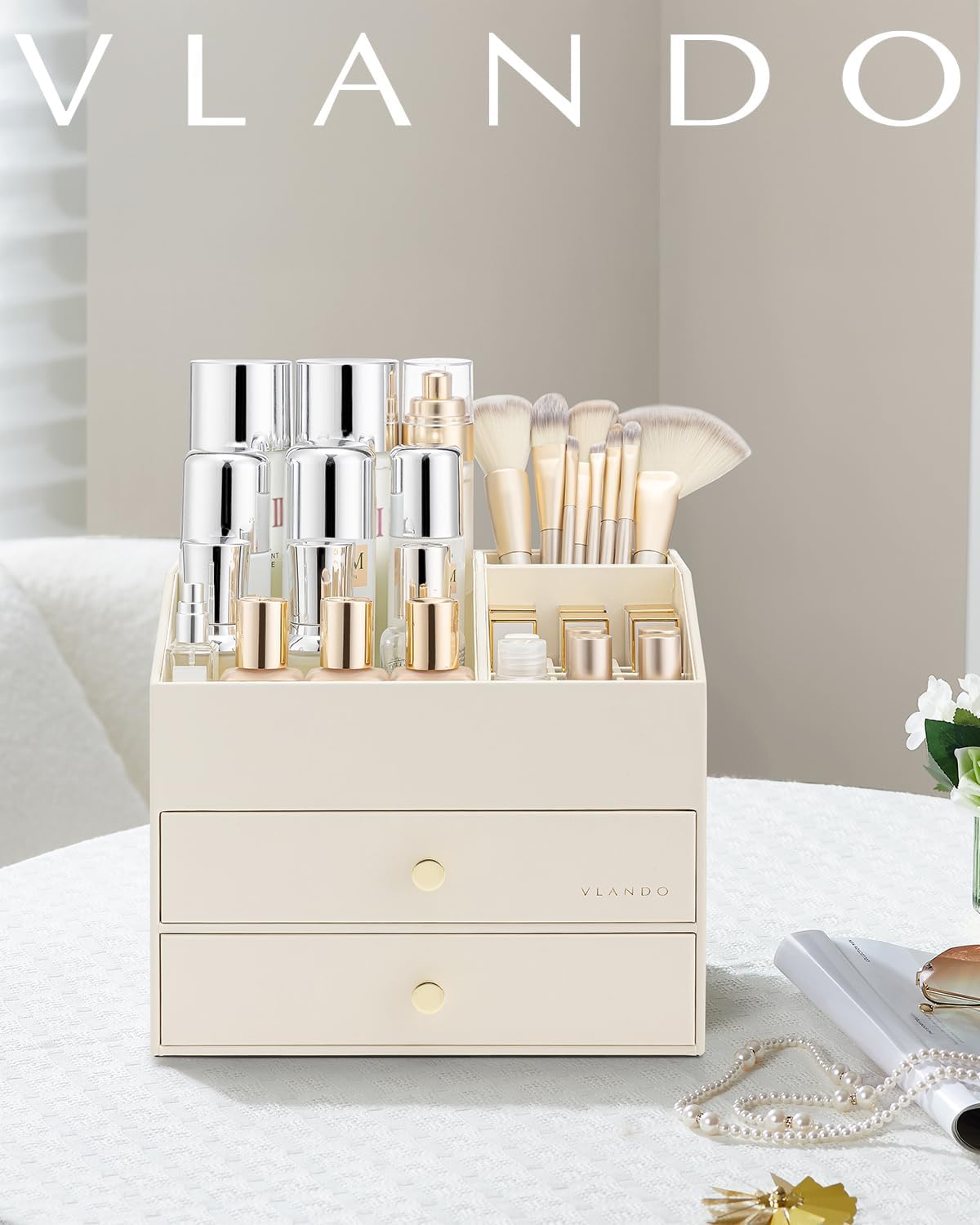 Detalle 2 de VLANDO Make up Organizer mit 3 Schubladen – Kosmetik- und Schmink Organizer, Beige