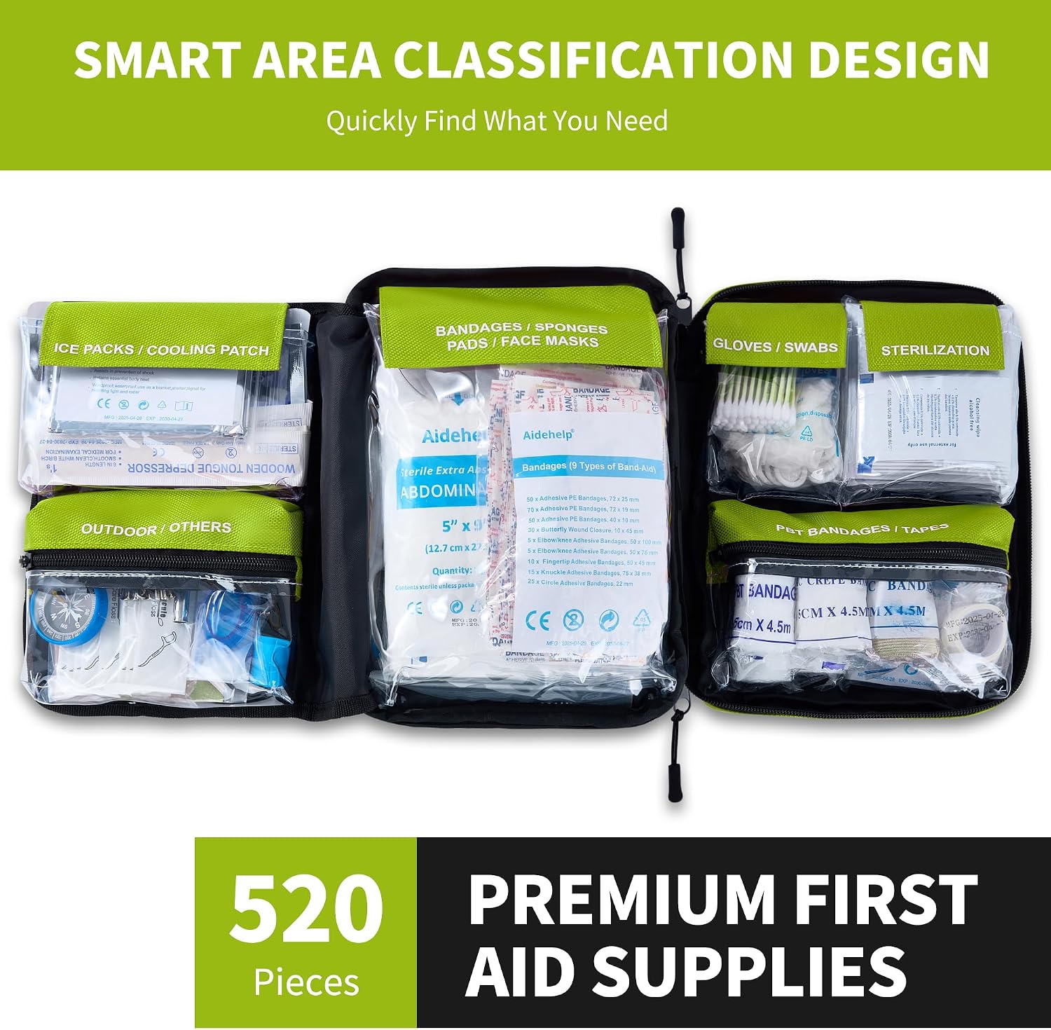 Detalle de 520 Pieces Premium First Aid Kit — Large Emergency Medical Kit for Home, Car, Travel, and Outdoors (Green)