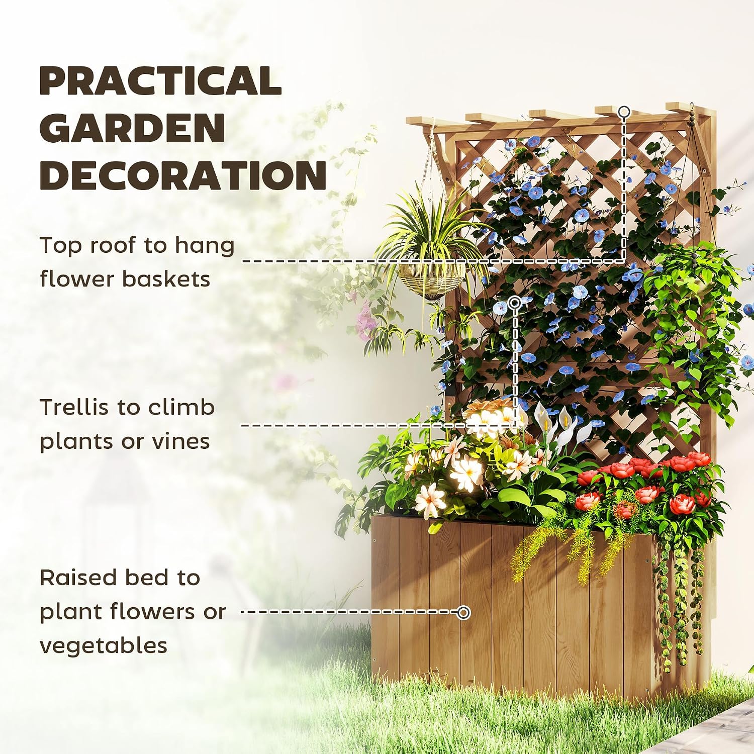 Detalle de Outsunny 84H-254V00ND Wooden Planter with Trellis, Fir Wood, Drainage