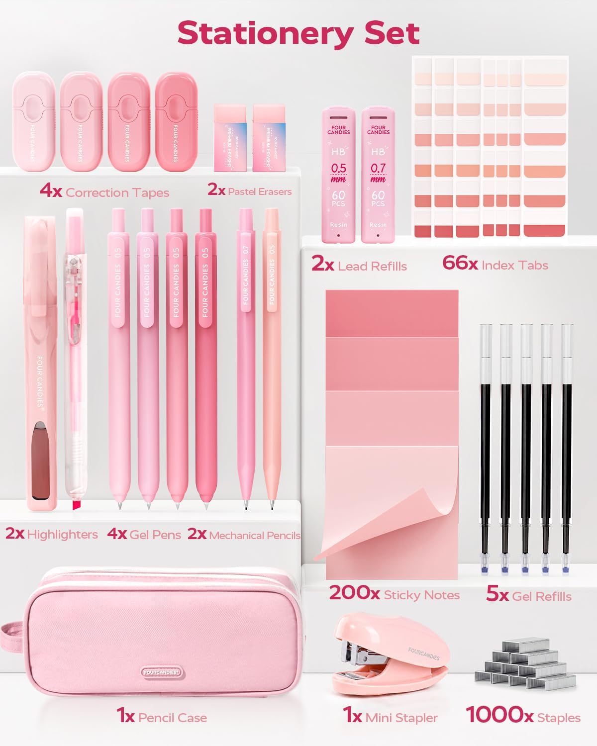 Thumbnail 6 de Four Candies Pink Stationery Set with 3-Compartment Pencil Case and Stapler