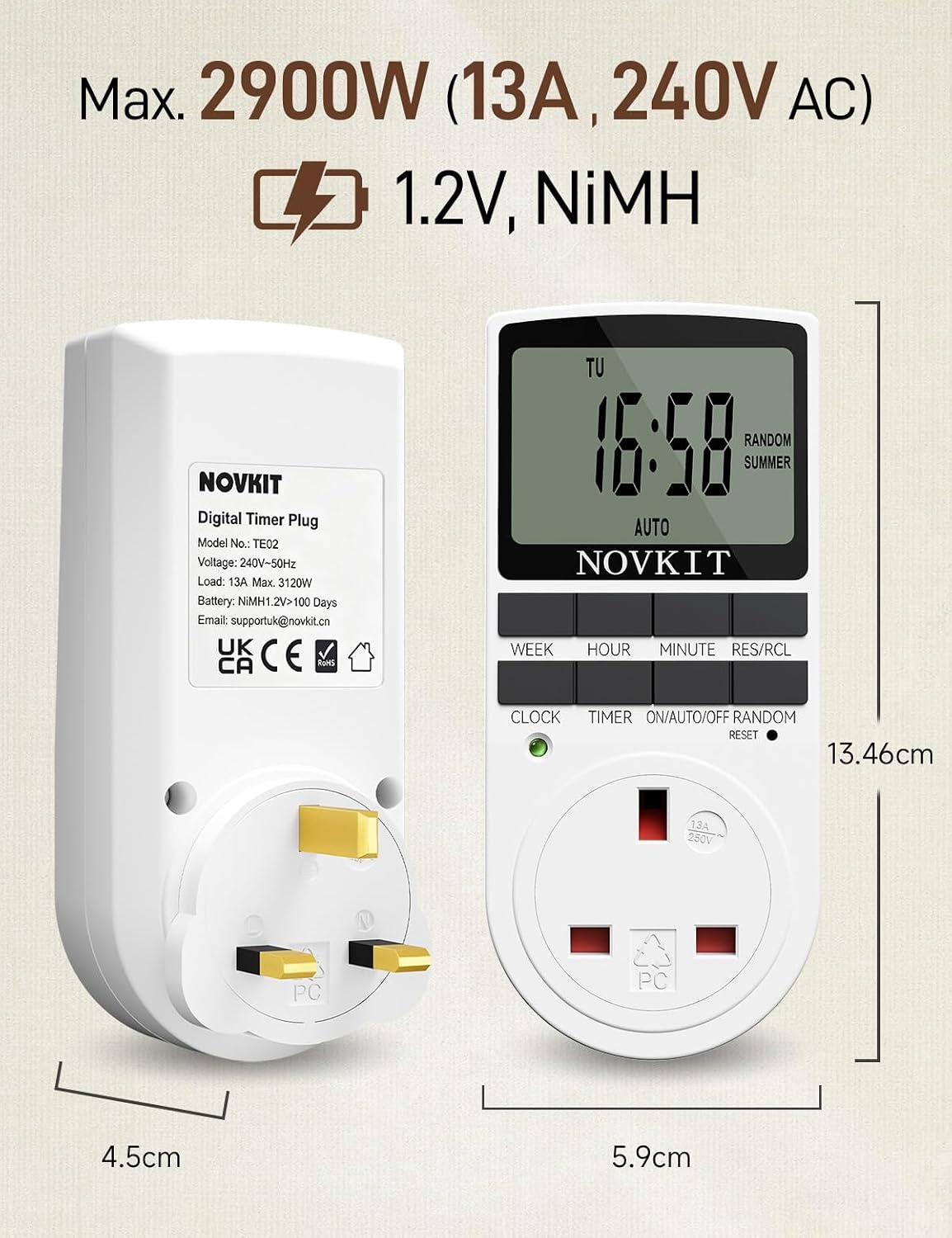 Detalle 2 de NOVKIT Digital Security Timer Plug 2-pack, 13A ⏲