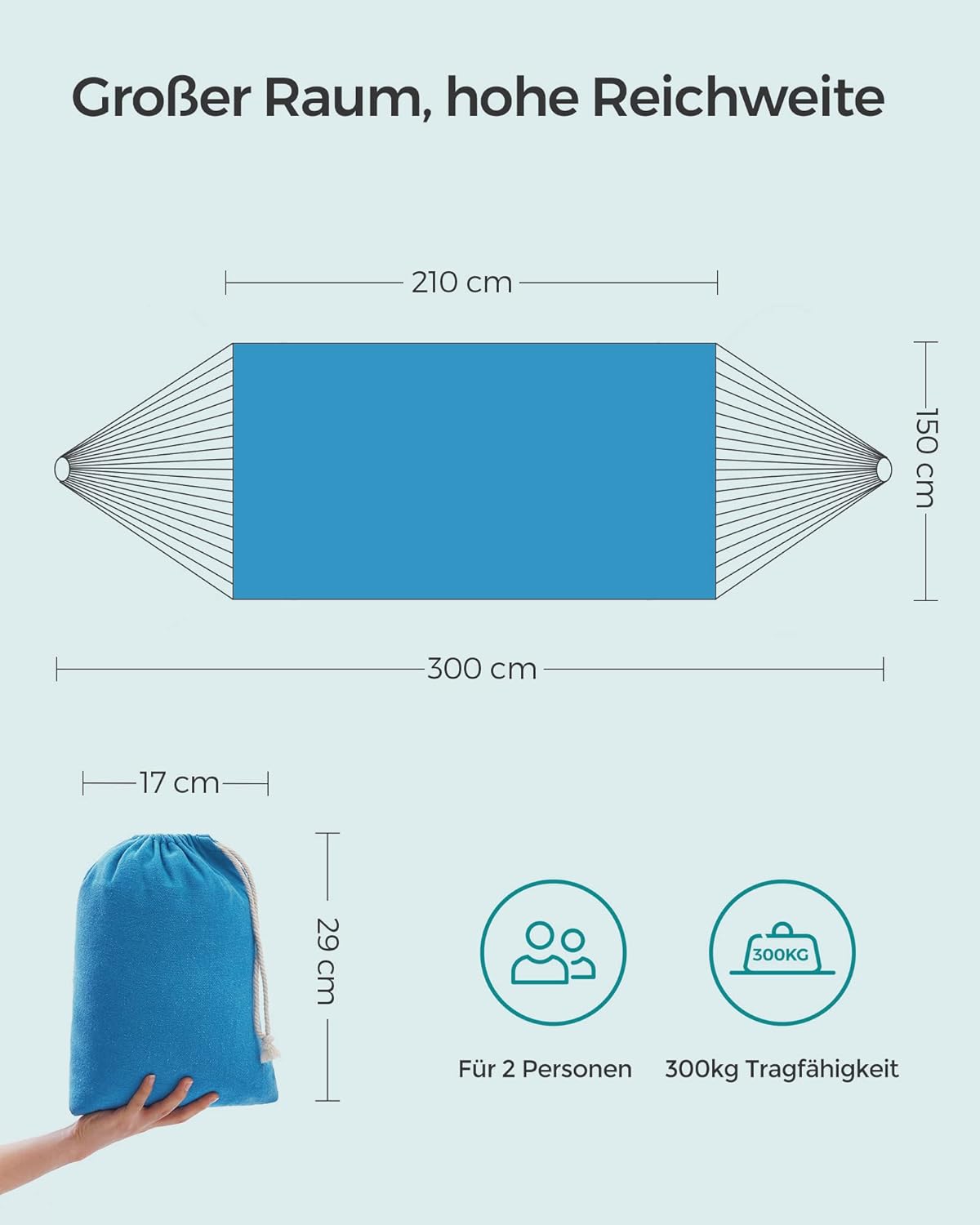 Thumbnail 6 de SONGMICS Hängematte 210 x 150 cm – Doppelhängematte, 300 kg Tragfähigkeit, blau (GDC15BU)