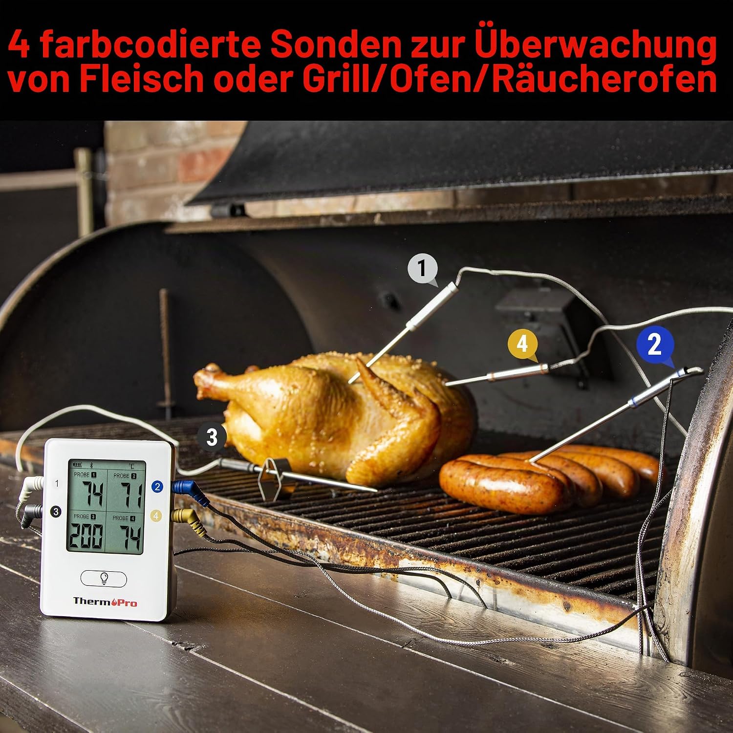Detalle de ThermoPro TempPro Bluetooth 5.0 Grillthermometer mit 4 Sonden – präzise Kerntemperaturüberwachung bis 150 m