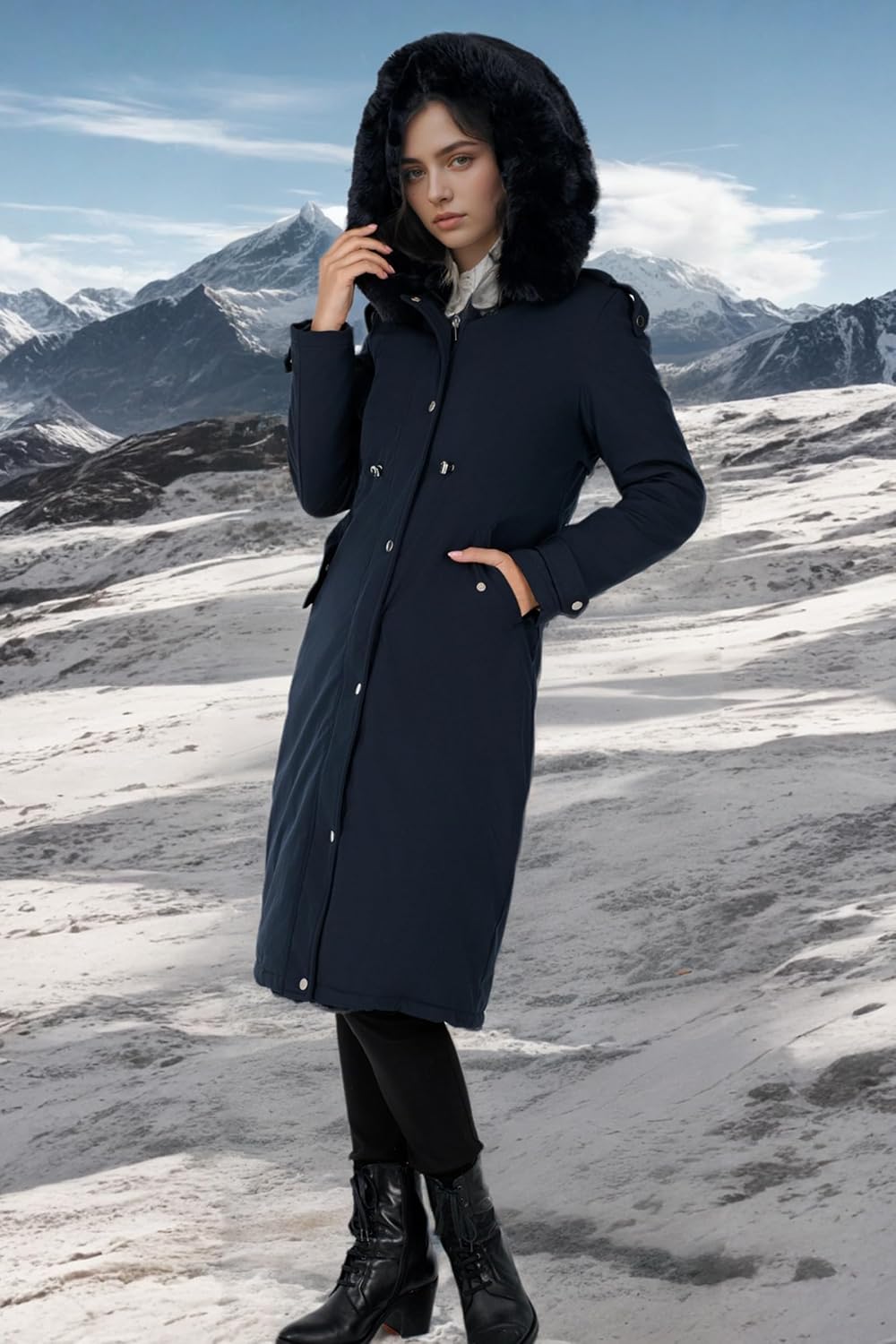 Detalle de RISISSIDA R7614 Women's Long Puffer Parka with Faux-Fur Trim and Drawstring Waist