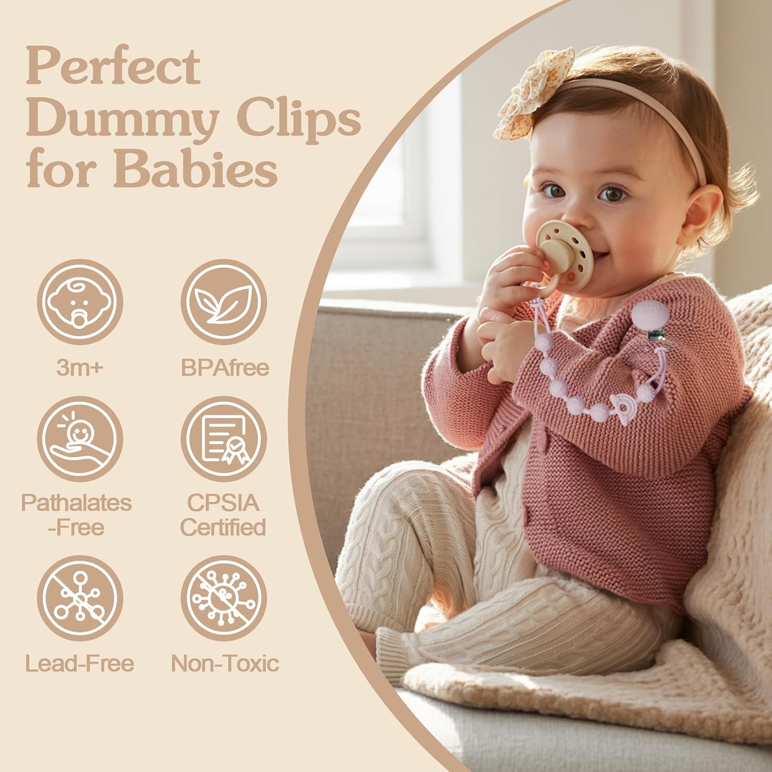 Thumbnail 1 de Bebecalin Dummy Clip – Mam Pacifier Clips and Bib Pacifier Clip (3-Pack) in Sage, Apricot & Purple