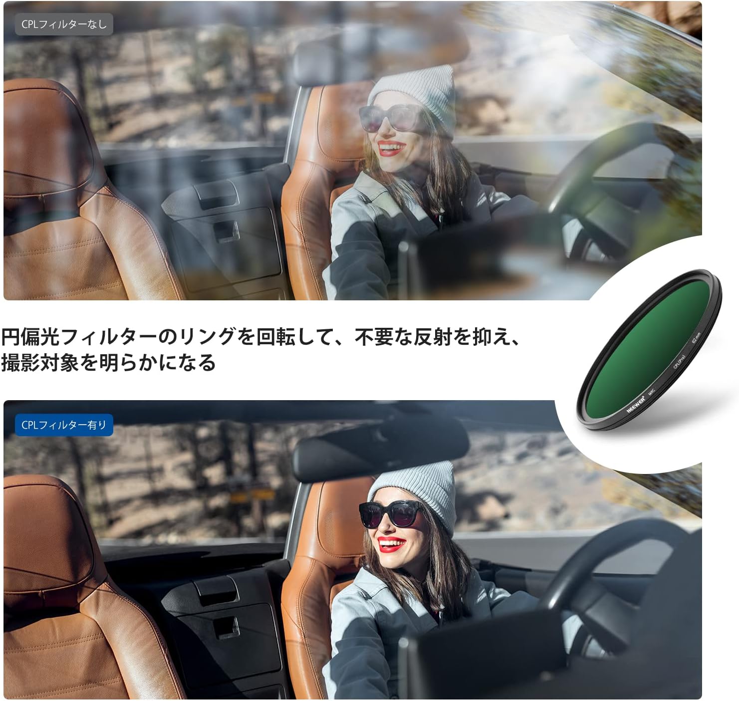 Detalle de NEEWER 62mm CPL円偏光フィルター|HD光学ガラス・30層コーティング・薄型フレーム