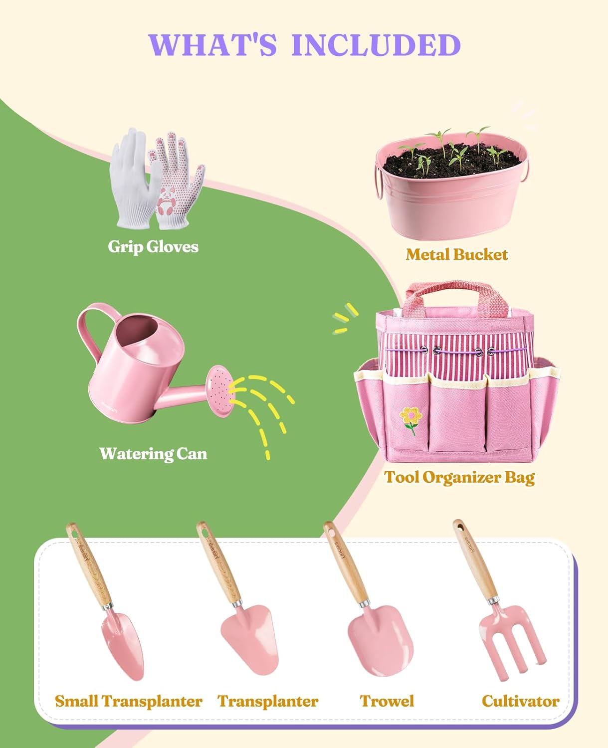 Thumbnail 5 de Floraxa 8Pcs Kids Gardening Set: Real Metal Tools with Wooden Handles & Metal Basket