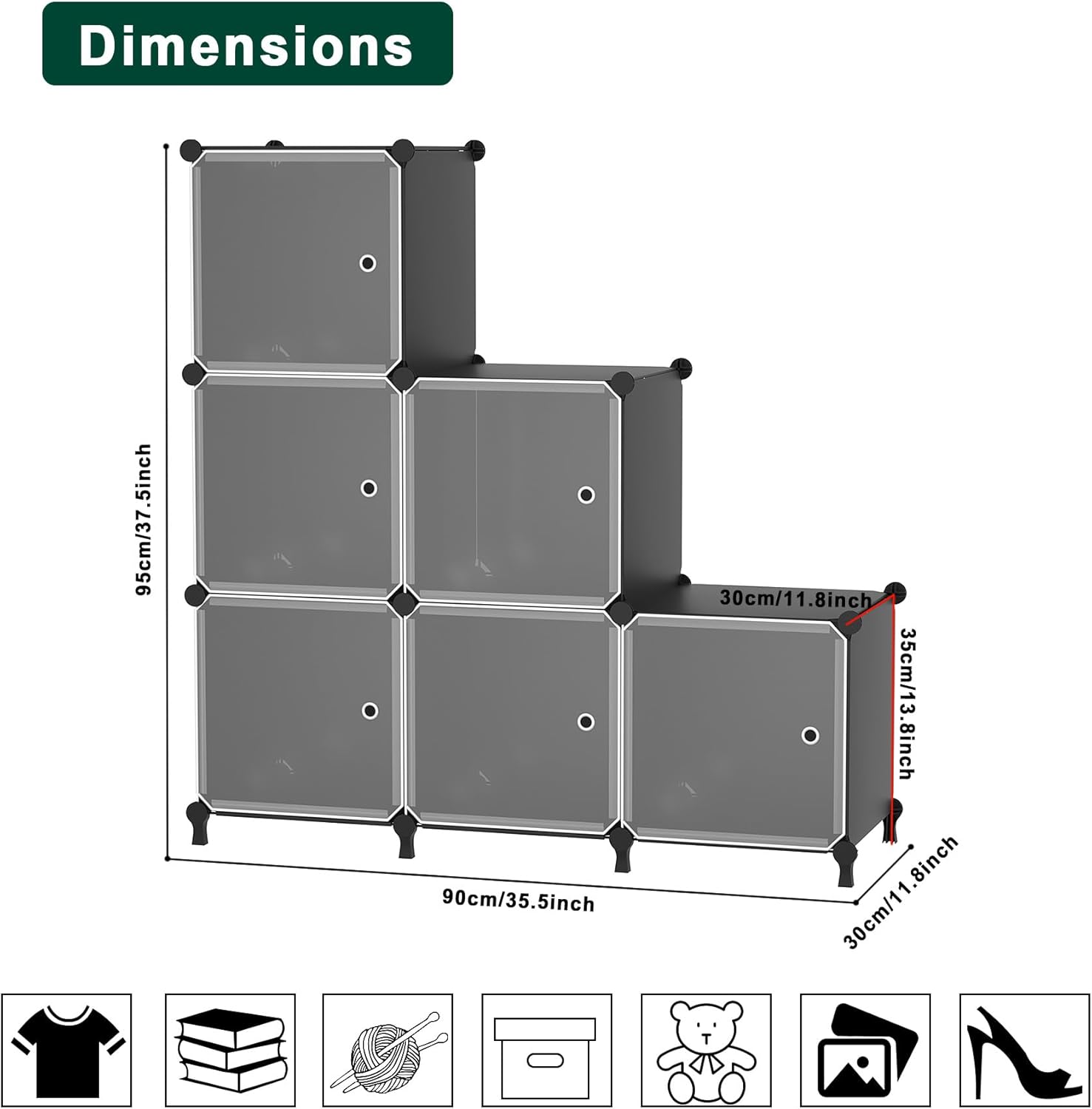 Thumbnail 2 de ATTDETJL 6-Cube Storage Unit with Doors (ATTSL6001) – Black 30x30x30cm compartments