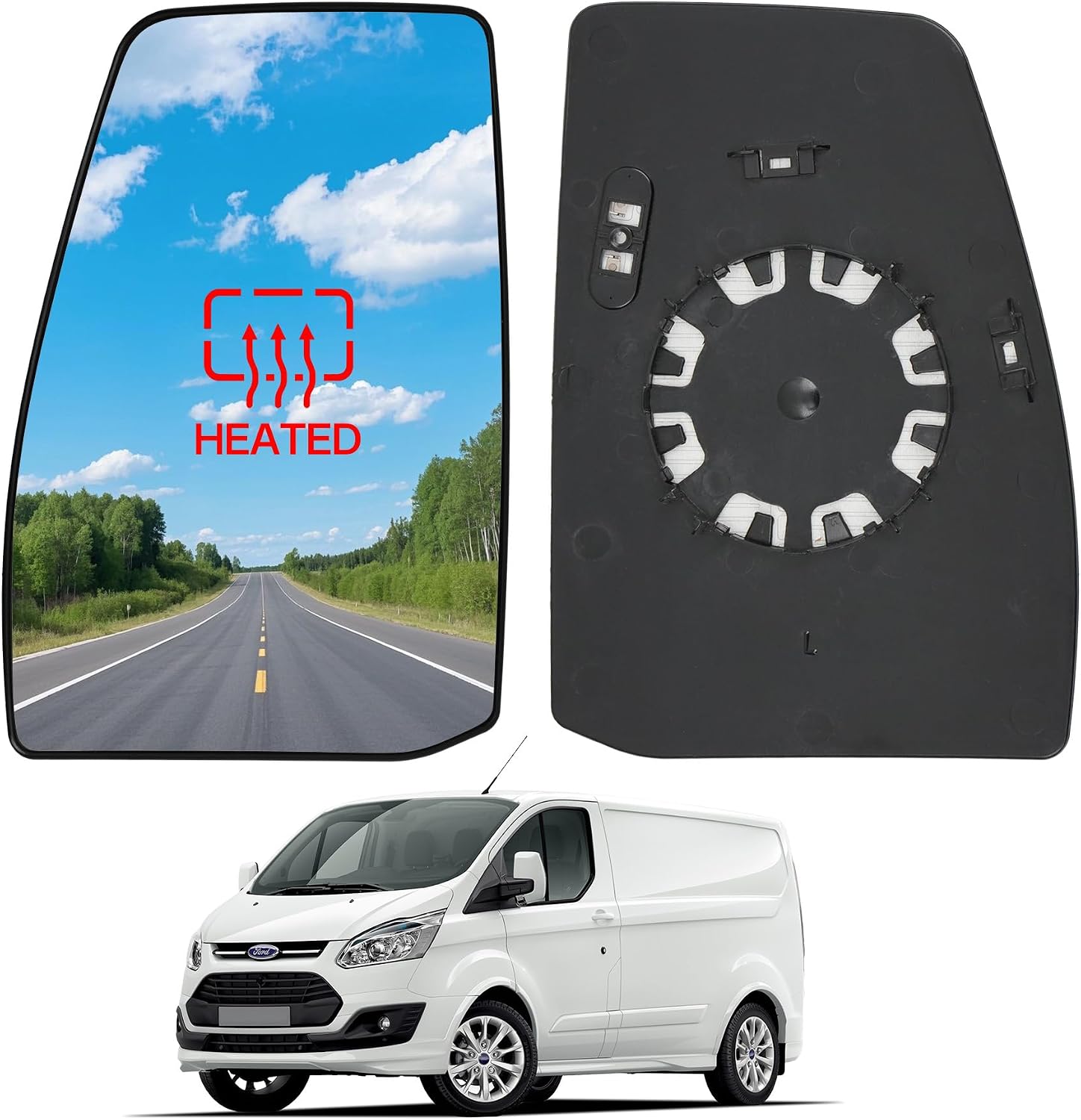 Convitex Heated Left Wing Mirror Upper Glass for Ford Transit Custom (2012 Onwards) – Convex with Backing Plate