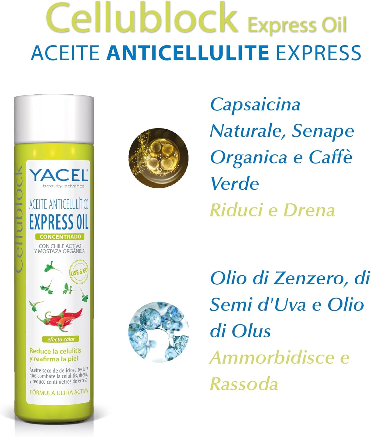 Detalle de Yacel Cellublock Express Oil – Olio concentrato anticellulite con effetto calore, 150 ml