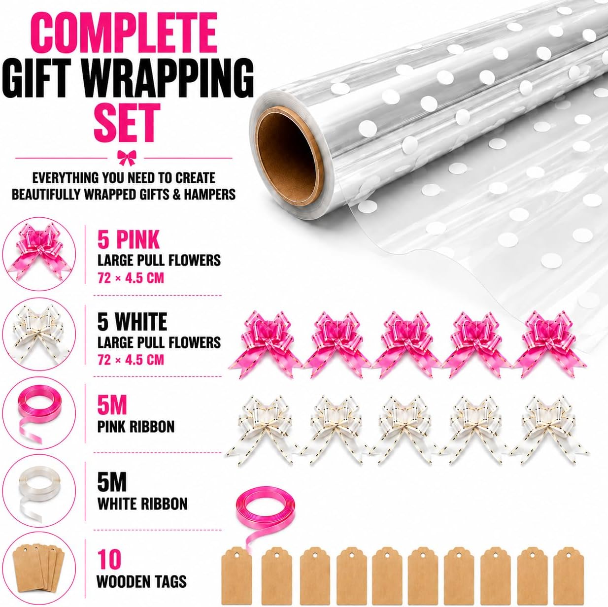 Detalle de HURUC Dotted Cellophane Wrap Roll 80cm x 30m – Extra Wide Gift Wrap with Bows, Ribbons and Gift Tags